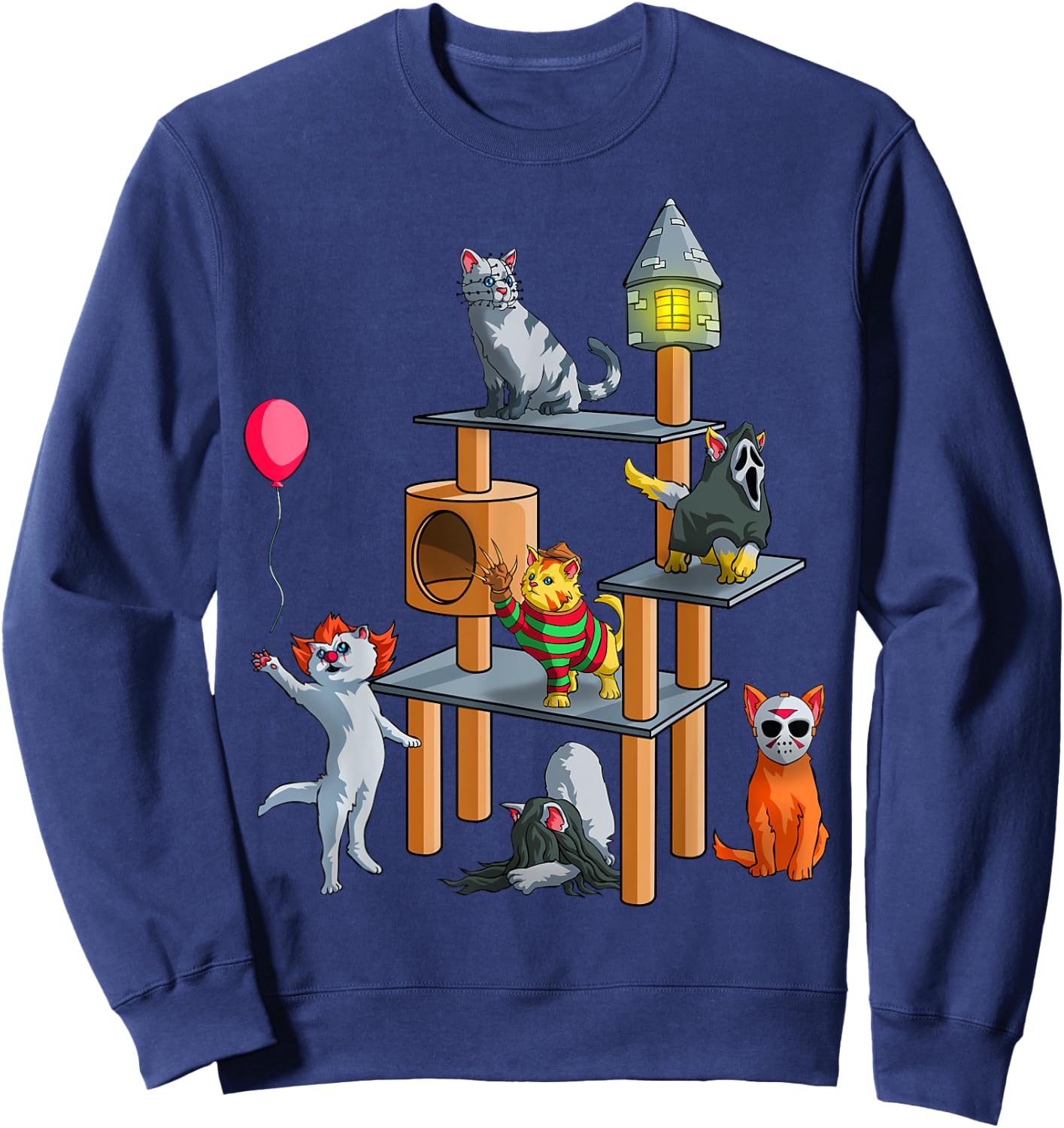 Funny Cat Horror Movies Cute Halloween for Cat Kitty Lovers Sweatshirt - Sweatshirt | Navy