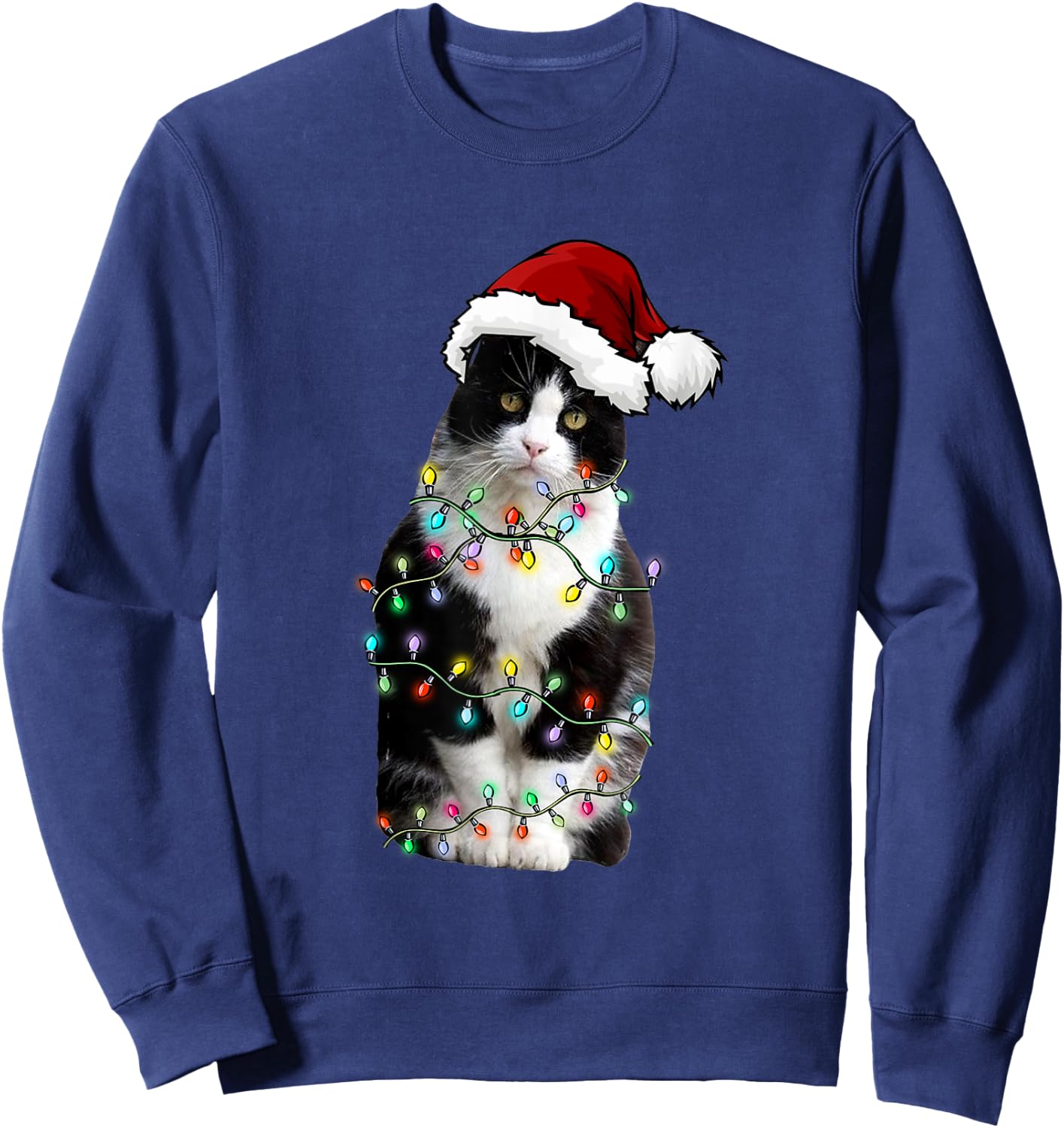 Cute Tuxedo Black Cat Christmas Light Cat Christmas Pajama Men Women Kids Sweatshirt - Sweatshirt | Navy