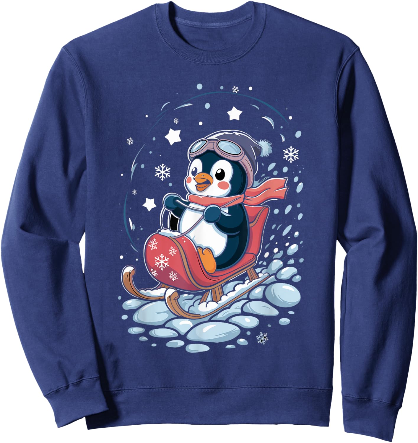 Penguin Snow Sledding Winter Cute Animal Sleigh Sled Sweatshirt - Sweatshirt | Navy