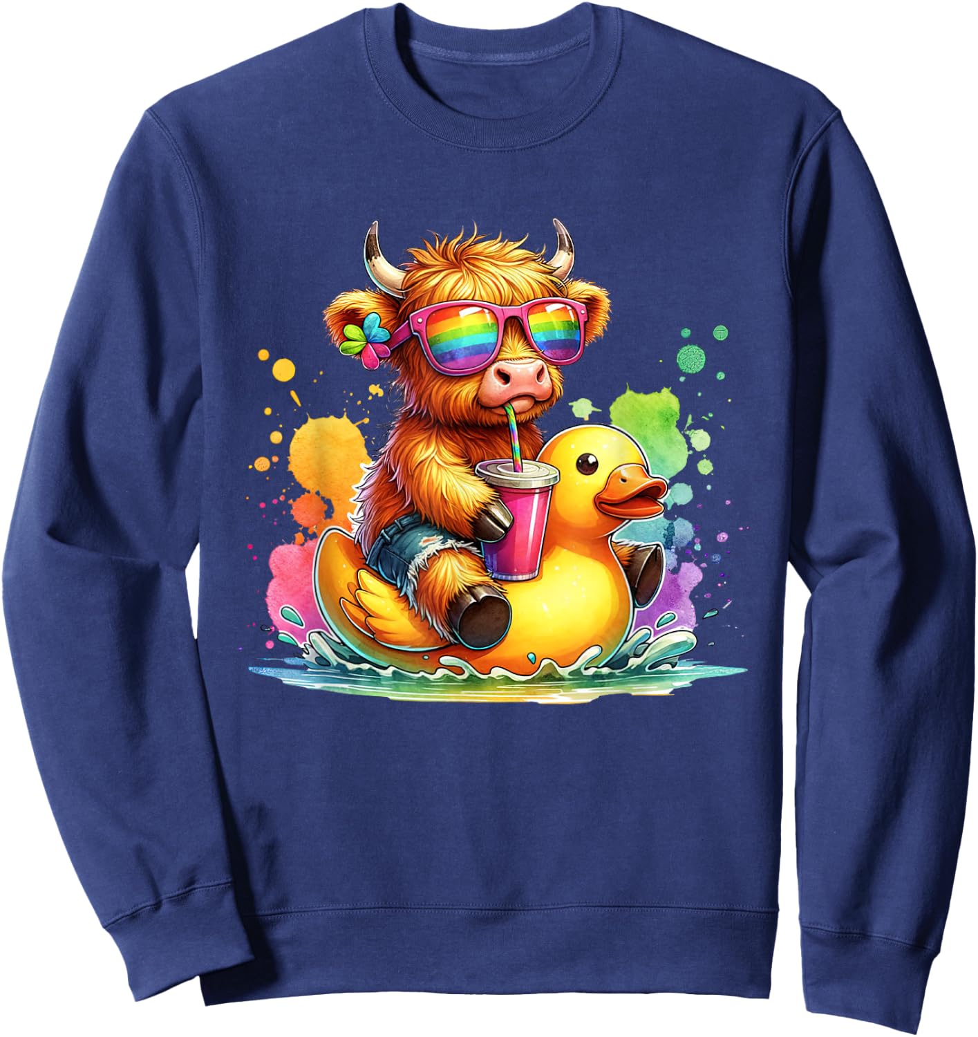 Cute Highland Cow Duck Pool Float Summer Vibes Swimming Sweatshirt - Sweatshirt | Navy