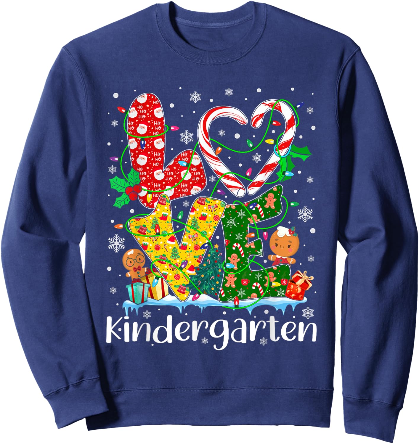 Love Kindergarten Teacher Xmas Gingerbread Christmas Pajamas Sweatshirt - Sweatshirt | Navy