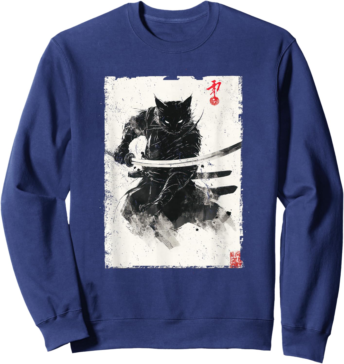 Vintage Samurai Cat Graphic Art Japanese Ukiyo-e Sweatshirt - Sweatshirt | Navy