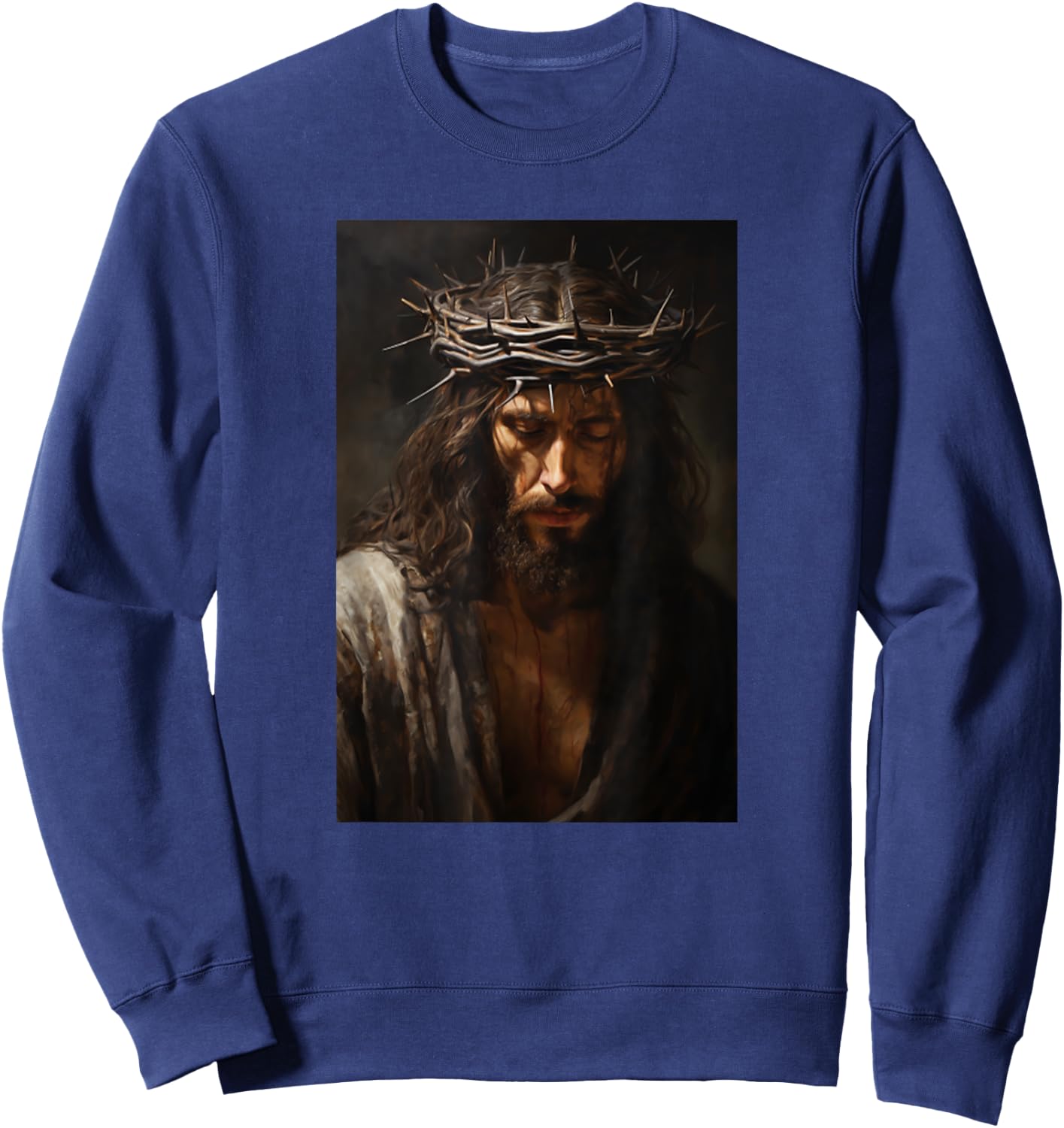 Vintage Jesus Christ Wearing Crown Of Thorns In Prayer Sweatshirt - Sweatshirt | Navy