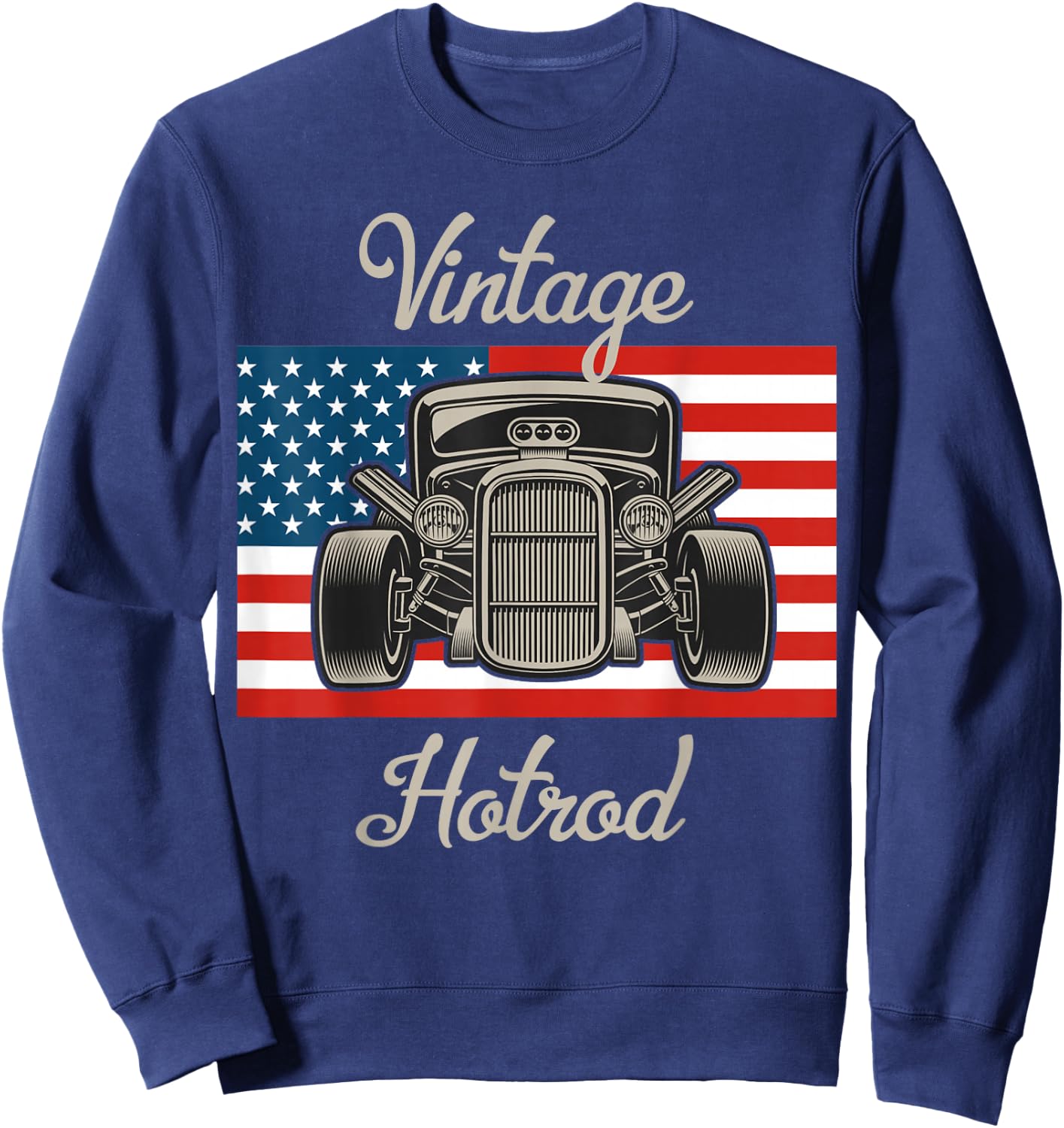 Vintage Hot Rod American Flag Antique Classic car Lover Men Small Sweatshirt - Sweatshirt | Navy