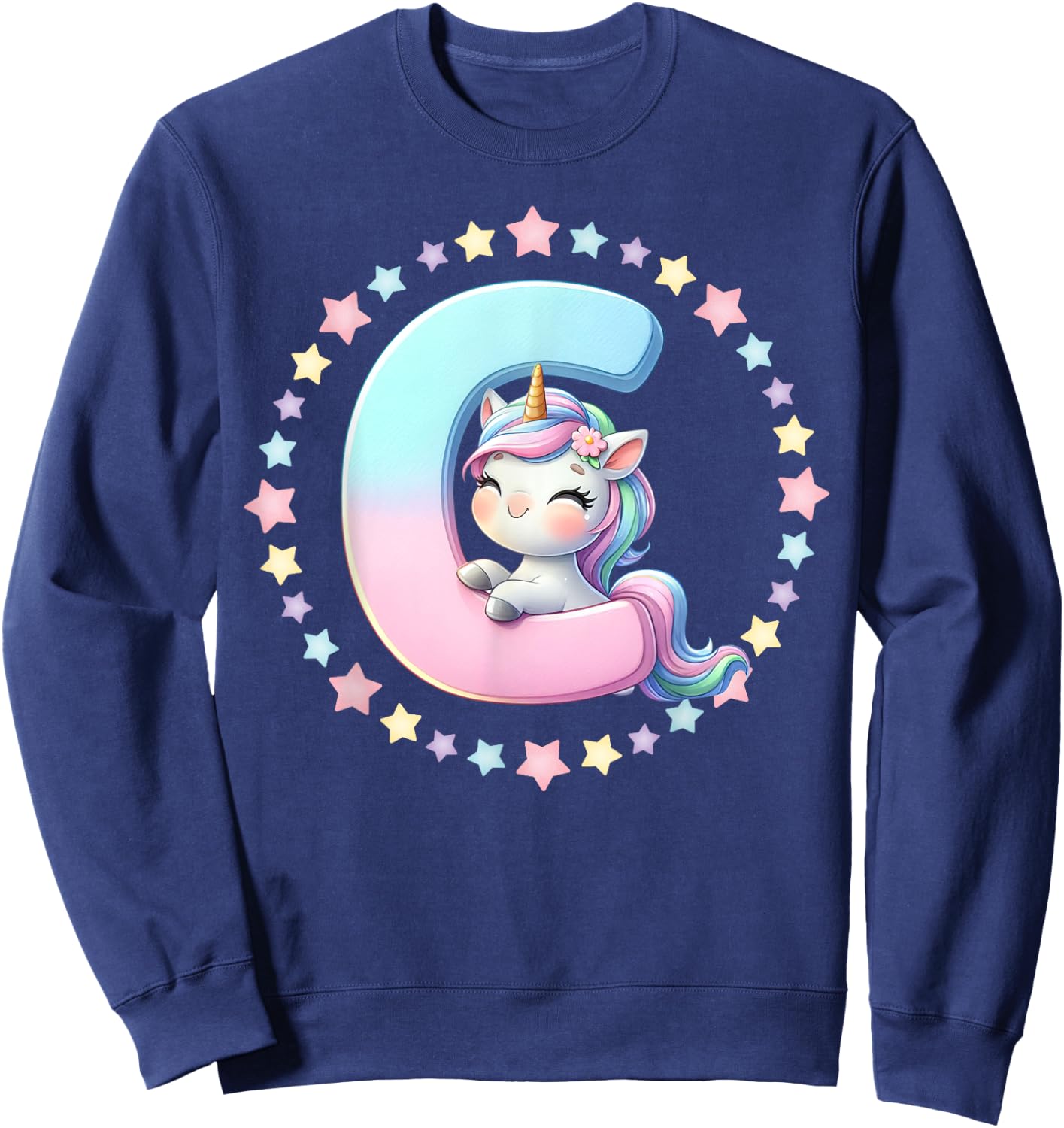 Unicorn Letter C Initial Rainbow Monogram Girls Kids Sweatshirt - Sweatshirt | Navy
