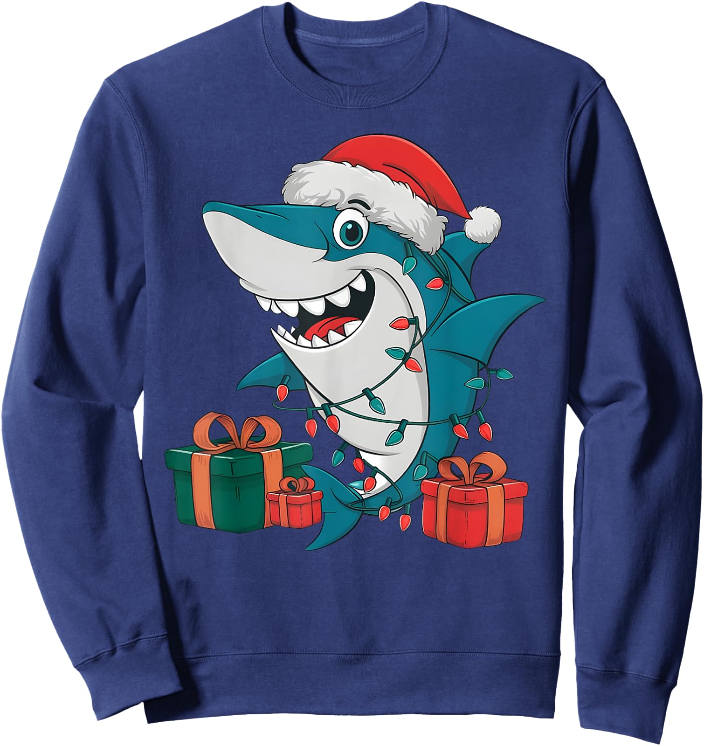 Xmas Lighting Santa Hat Shark Christmas Sweatshirt - Sweatshirt | Navy