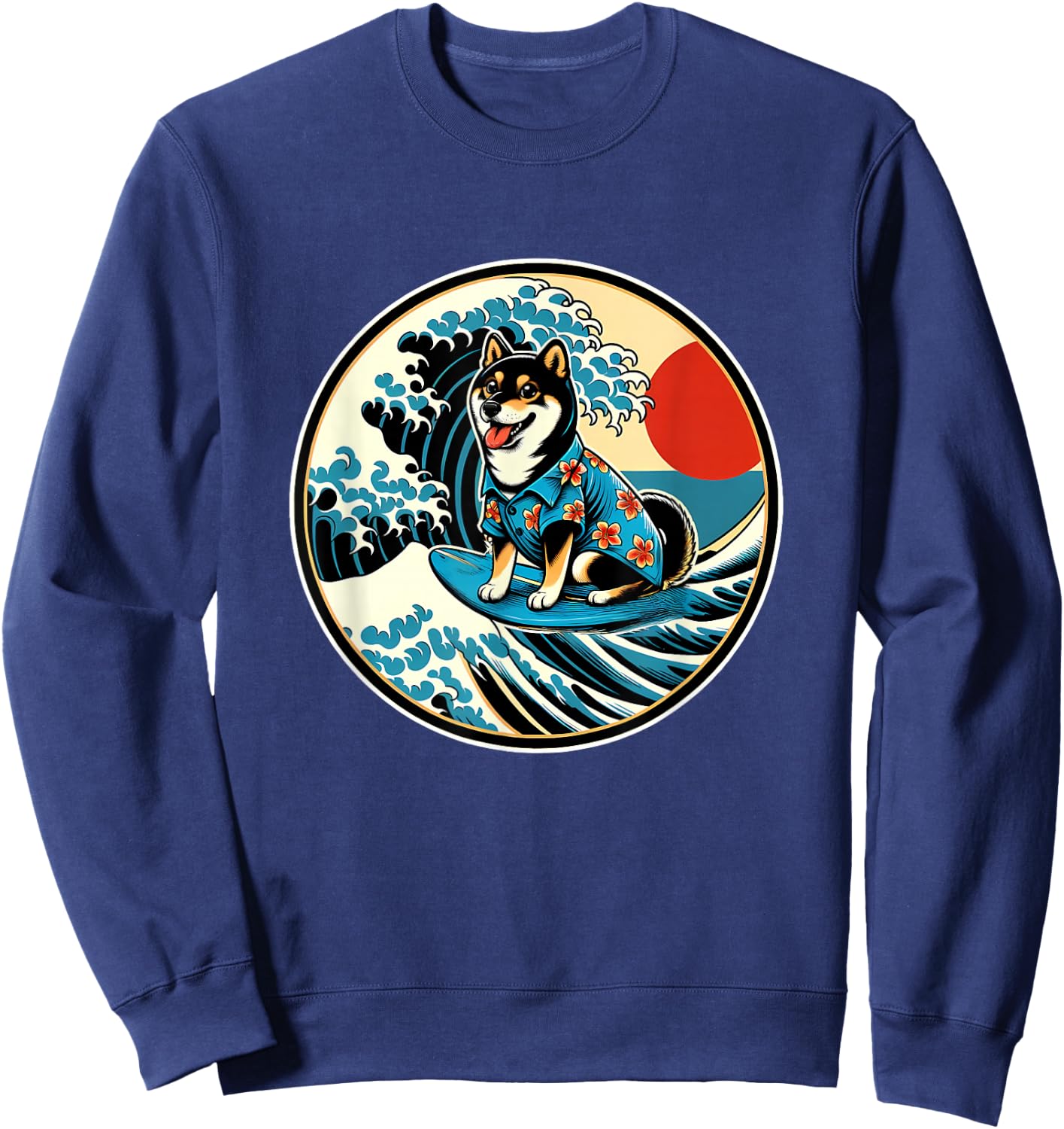 Great Wave Kanagawa Black and tan Shiba Inu Surfing Sweatshirt - Sweatshirt | Navy