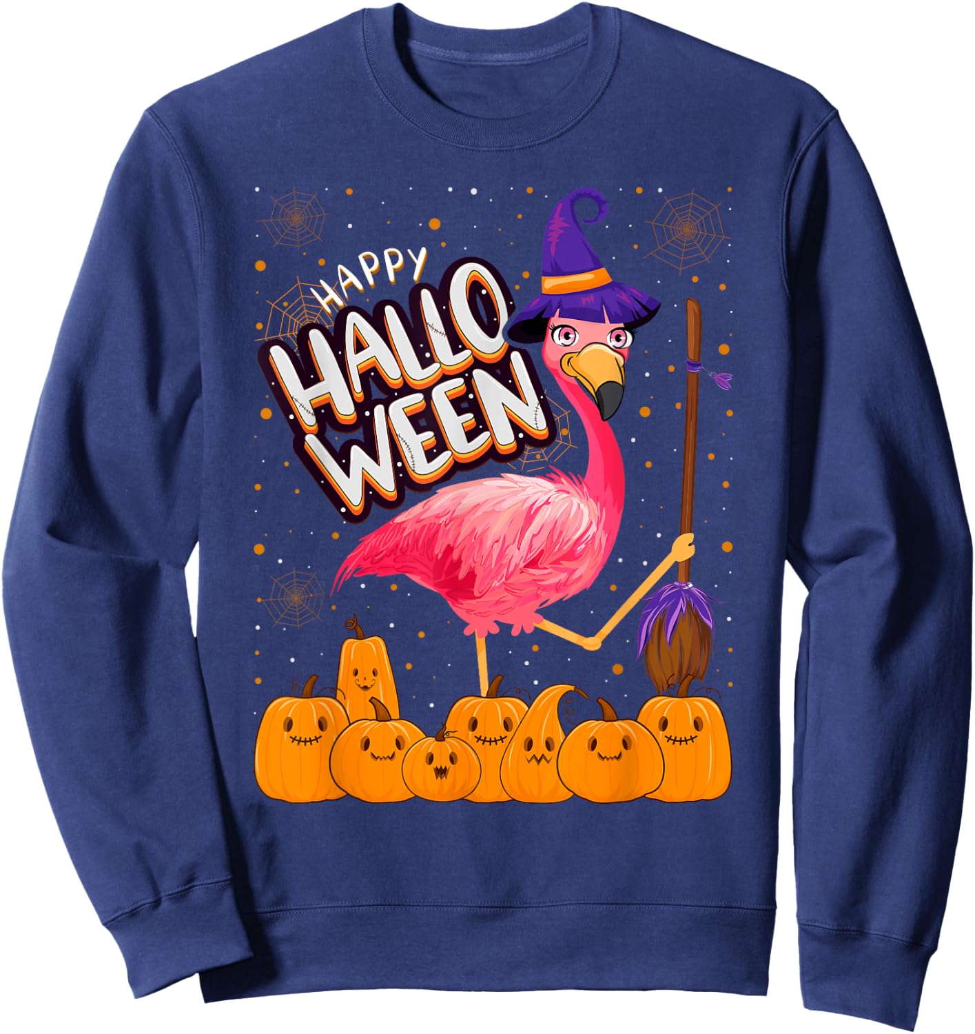 Happy Halloween - Flamingo Lover Witch Hat Pumpkin Halloween Sweatshirt - Sweatshirt | Navy