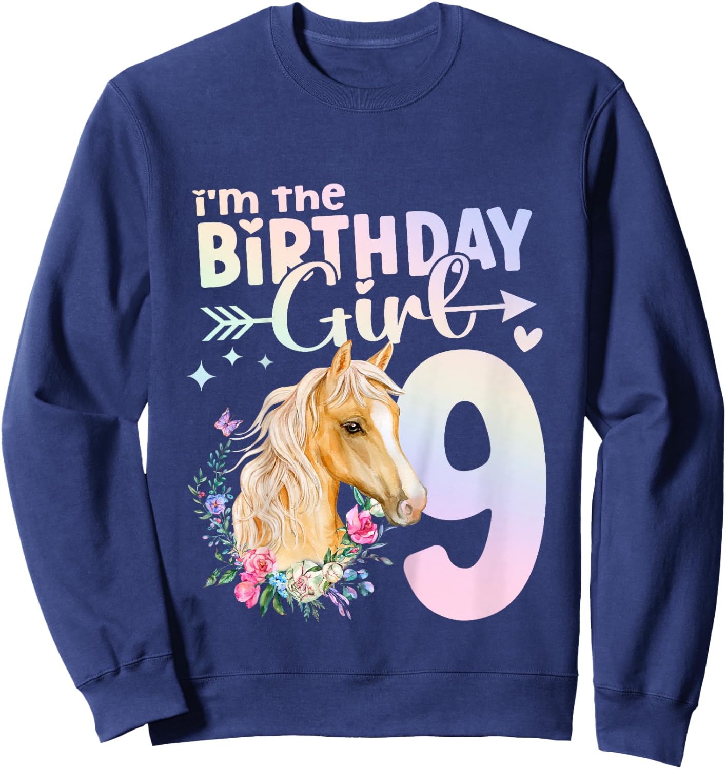 9th Birthday Horse Girl 9 Years Old Nine 9 Birthday Girl Sweatshirt - Sweatshirt | Navy