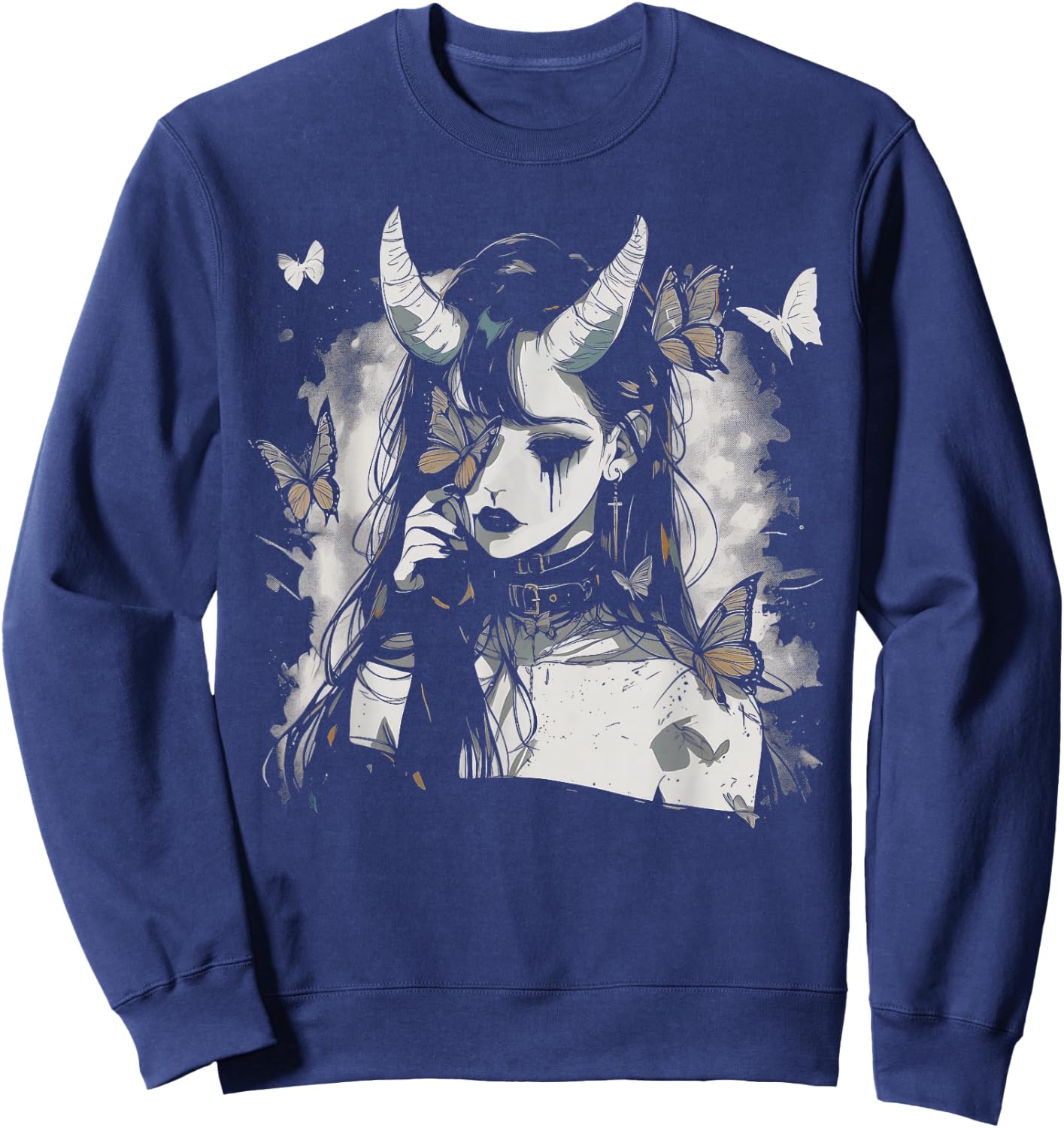 Butterfly Girl Sad Goth Anime Alt Alternative Art Aesthetic Sweatshirt - Sweatshirt | Navy