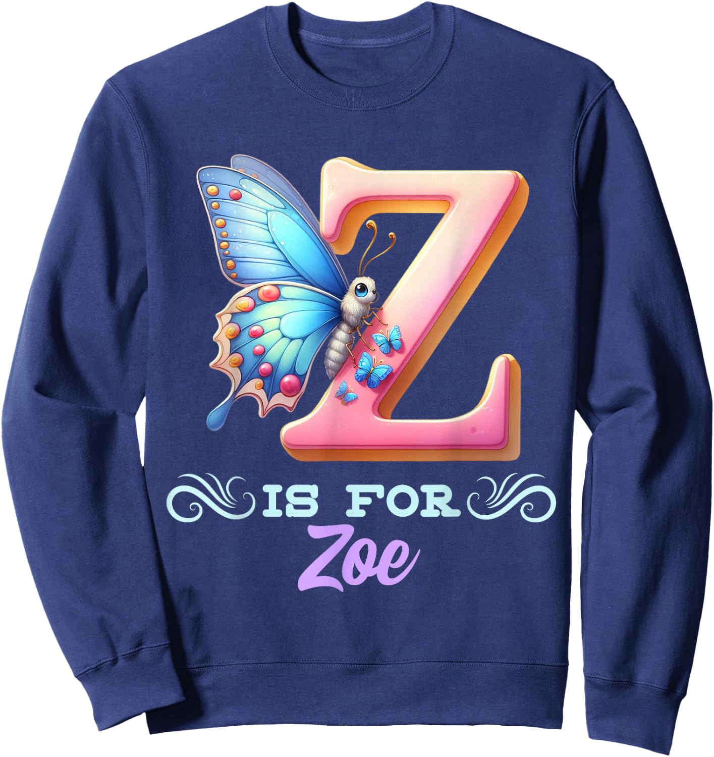 Z Is For Zoe Girly Butterfly And Flower Initial Name Sweatshirt - Sweatshirt | Navy