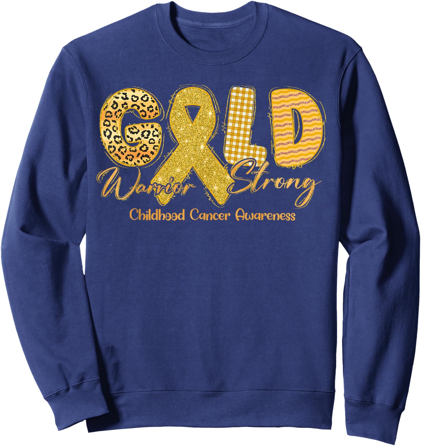 Gold Warrior Strong Childhood Cancer Awareness Gold Ribbon Sweatshirt - Sweatshirt | Navy