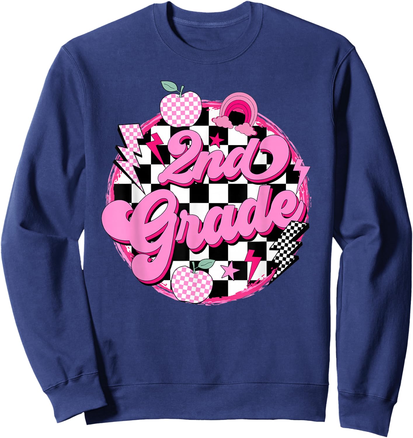 2nd Grade Teacher Women Retro Checkered First Day of School Sweatshirt - Sweatshirt | Navy