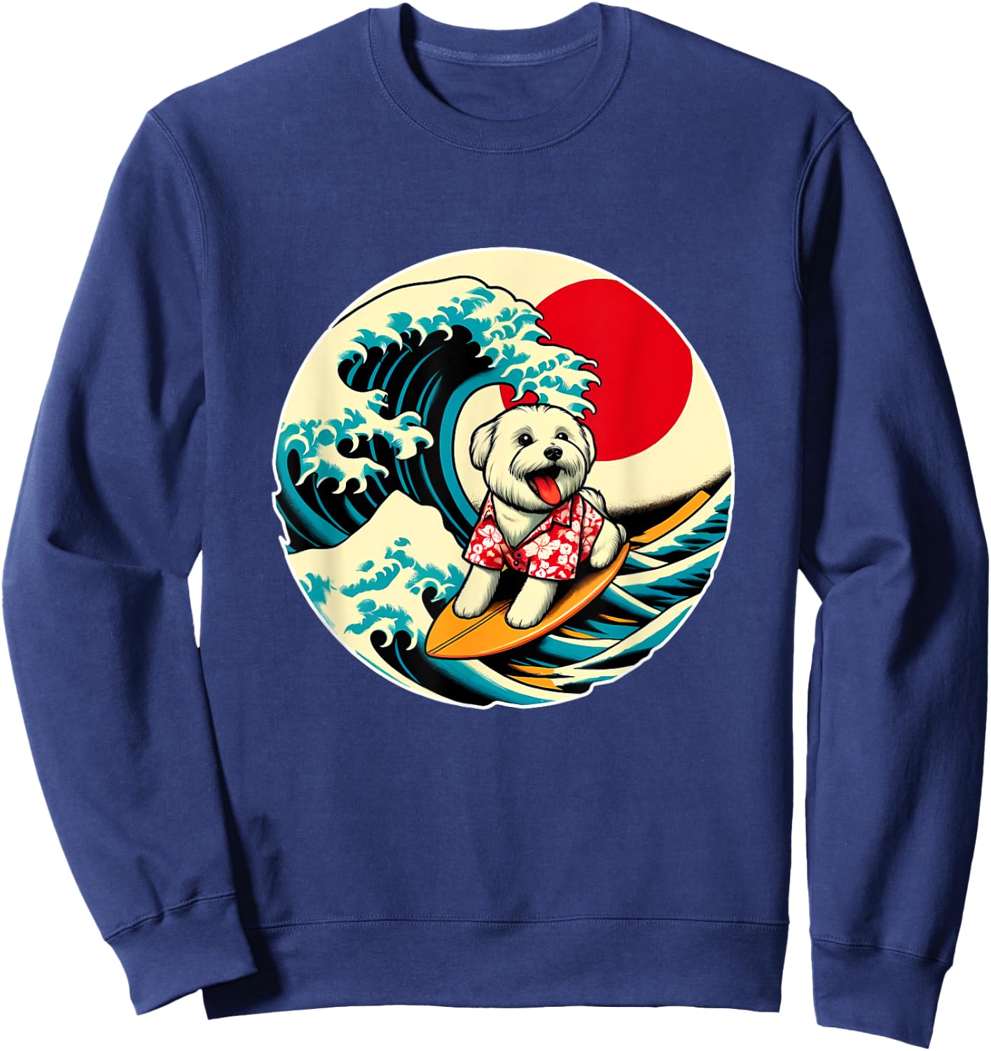 Great Wave Kanagawa Maltese dog Surfing Women Kids Sweatshirt - Sweatshirt | Navy