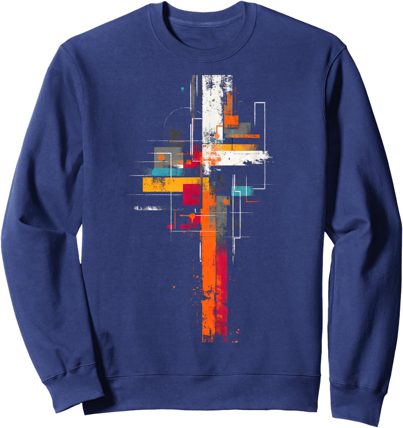 Grunge Abstract Geometric Cross, Orange Yellow Teal Graphic Sweatshirt - Sweatshirt | Navy