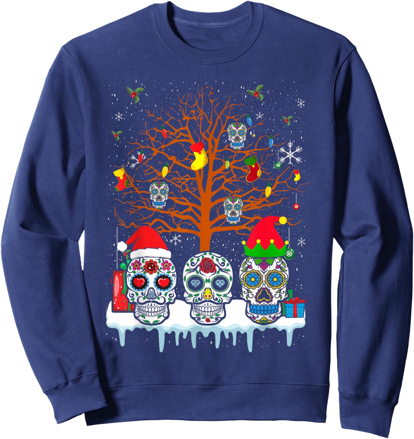 Christmas Sugar Skull On Tree Funny Santa Sugar Skull Sweatshirt - Sweatshirt | Navy