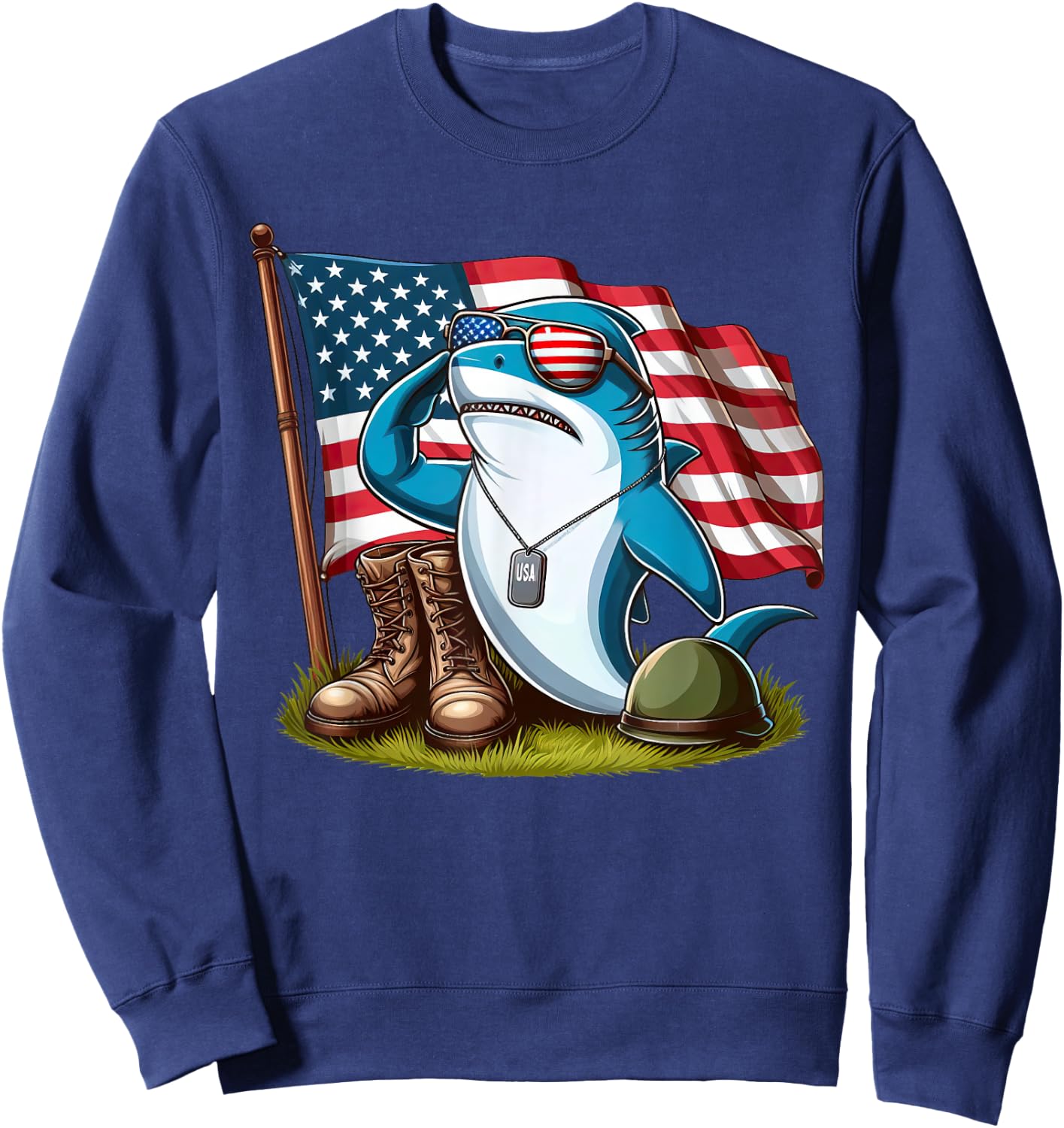 Salute Shark American USA Flag Memorial Day 4th of July Sweatshirt - Sweatshirt | Navy