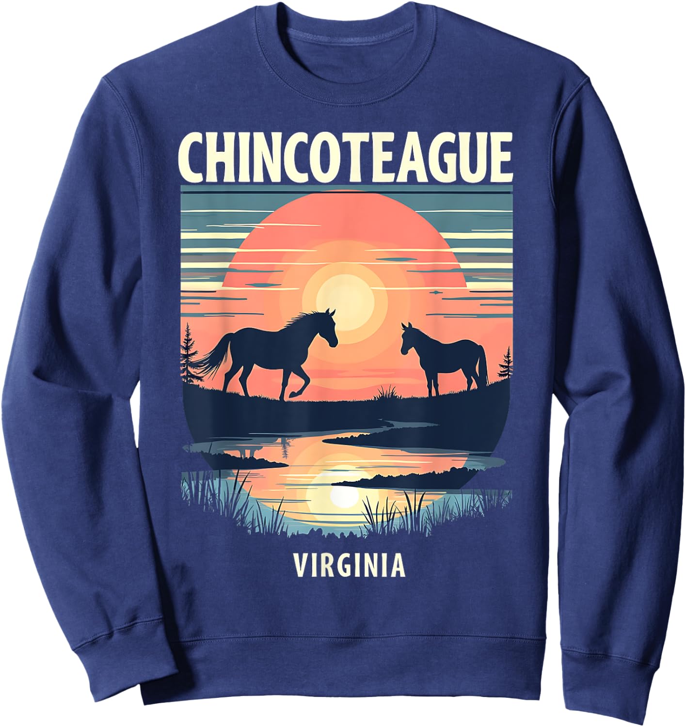 Retro Sunset Horse Silhouettes Chincoteague Virginia Sweatshirt - Sweatshirt | Navy