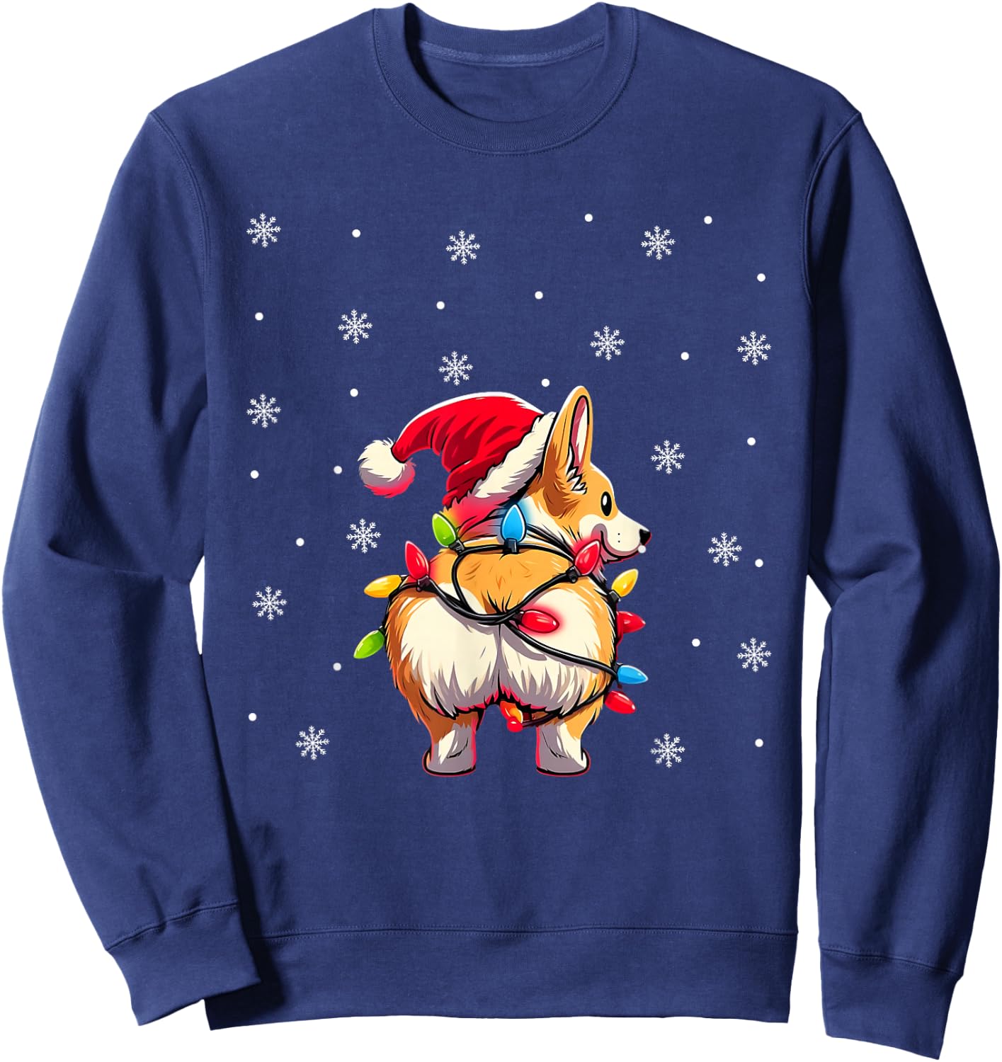 Corgi Butt Funny Santa Hat Christmas Snowflakes Lights Sweatshirt - Sweatshirt | Navy