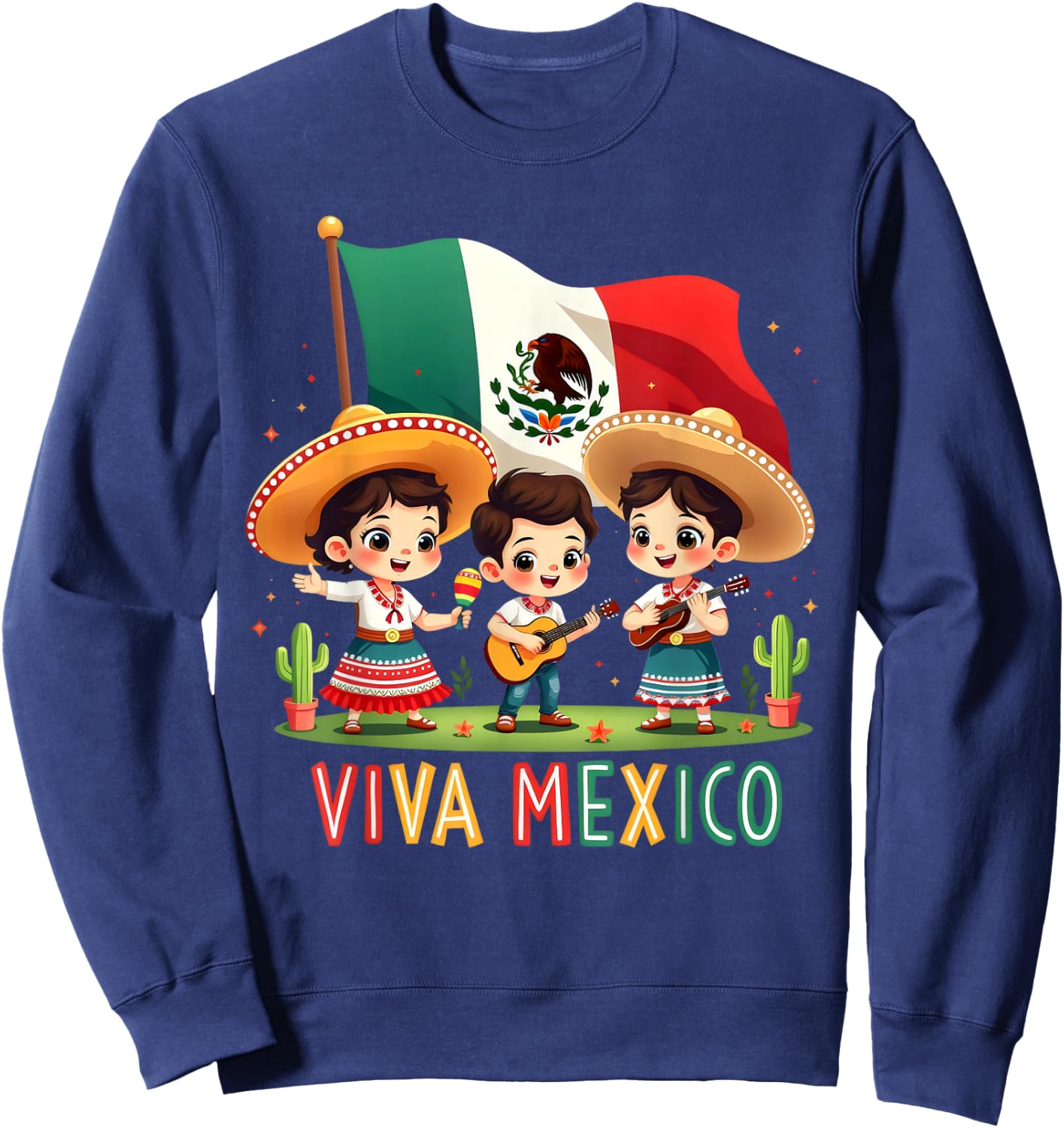 Viva Mexico Girl Boy Maracas Guitar Mexican Independence Day Sweatshirt - Sweatshirt | Navy