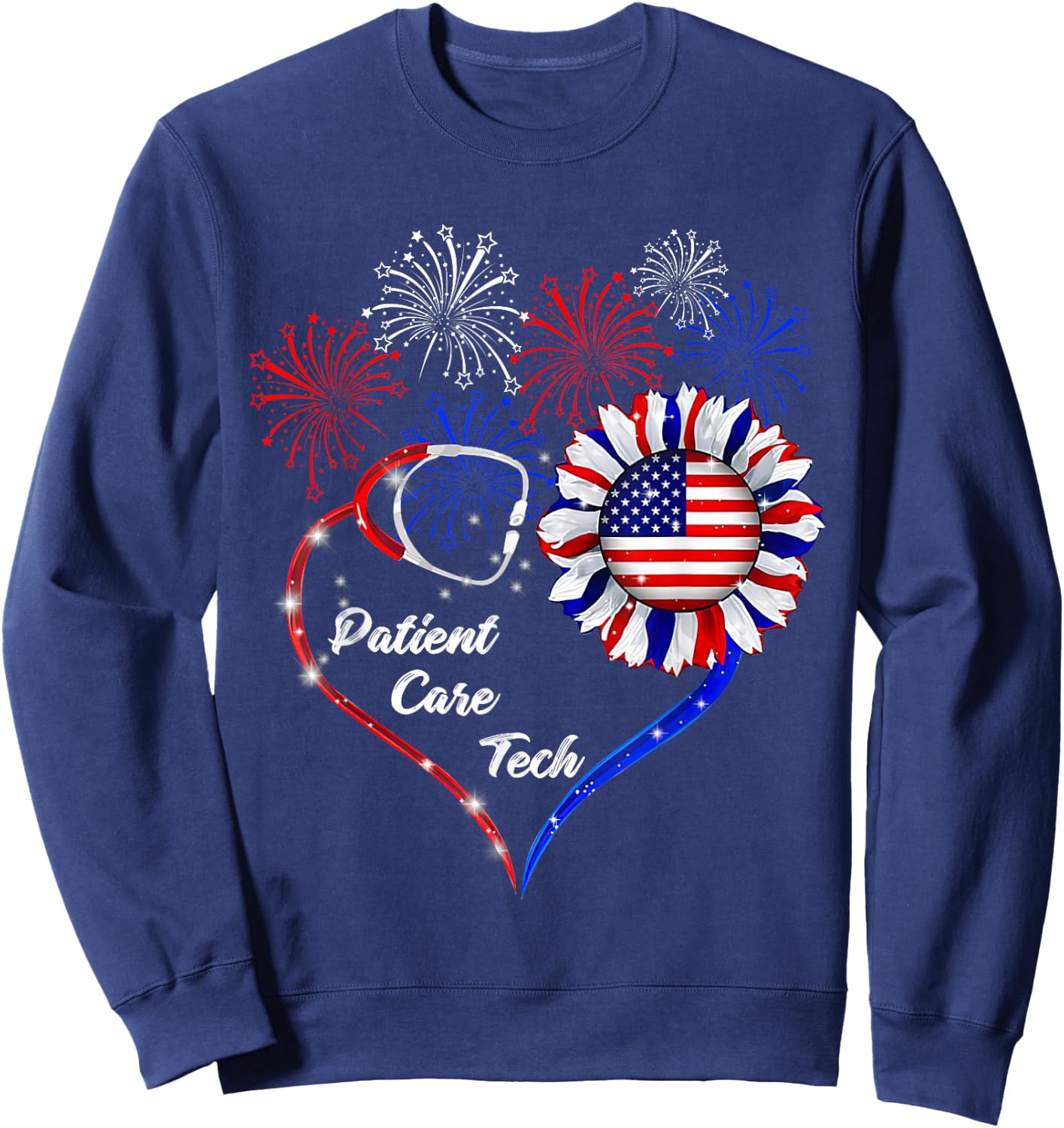 American Flag July 4th Firework Sunflower Patient Care Tech Sweatshirt - Sweatshirt | Navy
