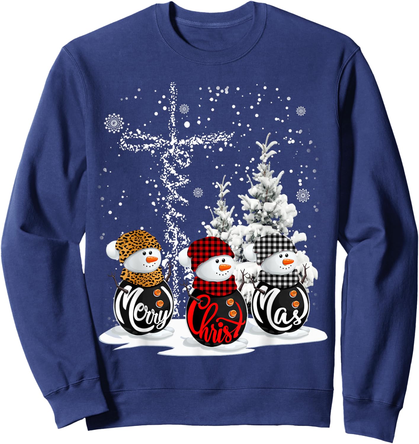 Merry Christmas Snowman Leopard Buffalo Red Plaid Men Women Sweatshirt - Sweatshirt | Navy