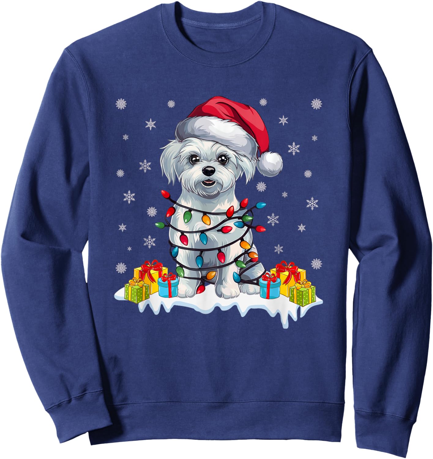 Xmas Lighting Maltese Dog Wearing Santa Hat Ugly Christmas Sweatshirt - Sweatshirt | Navy