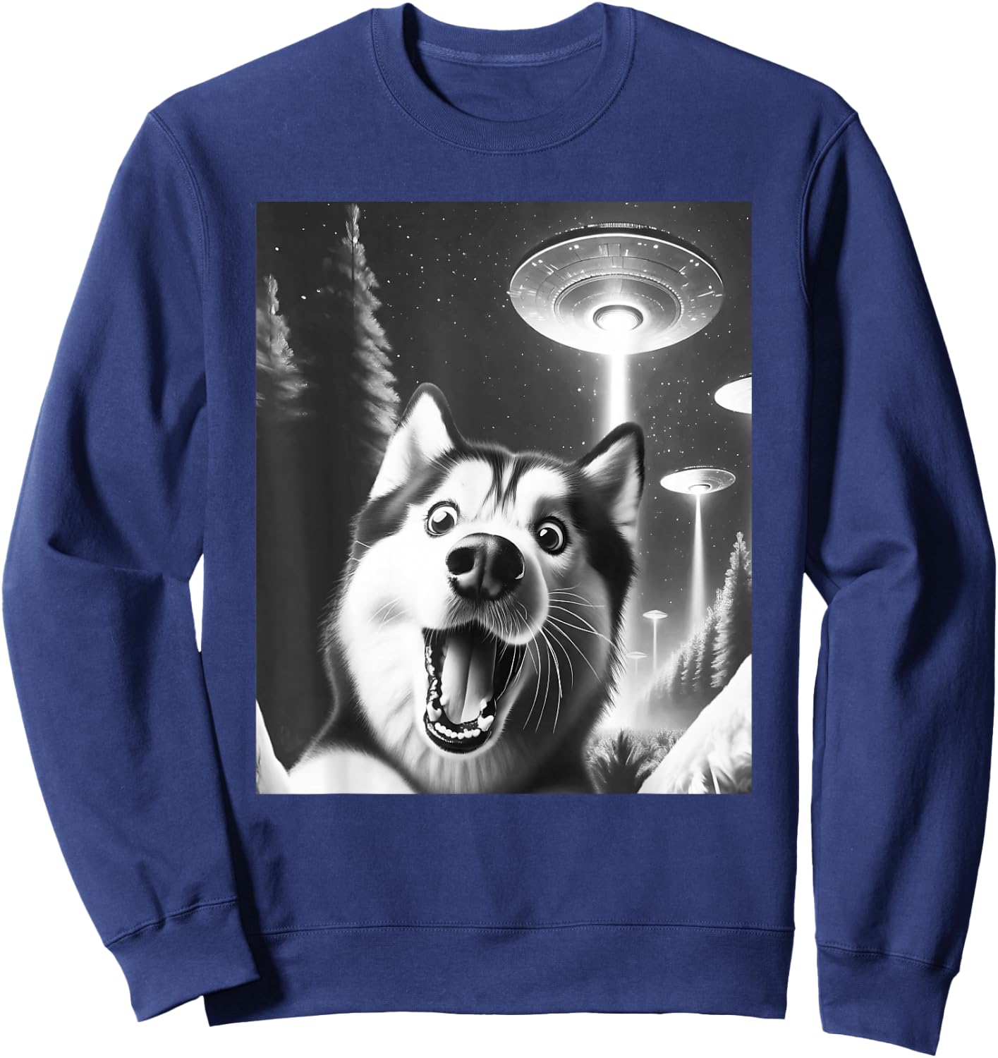 Funny Siberian Husky Alien UFO Taking a Selfie Dog Mom Dad Sweatshirt - Sweatshirt | Navy