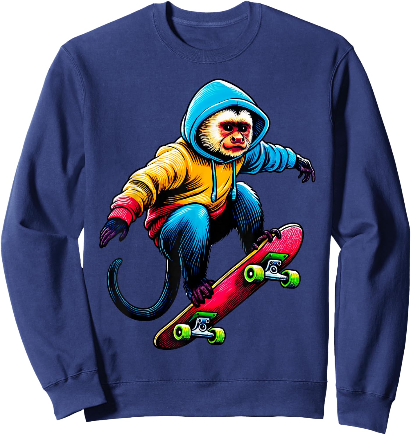 Cool Funky Capuchin Monkey Skateboarding Illustration Art Sweatshirt - Sweatshirt | Navy