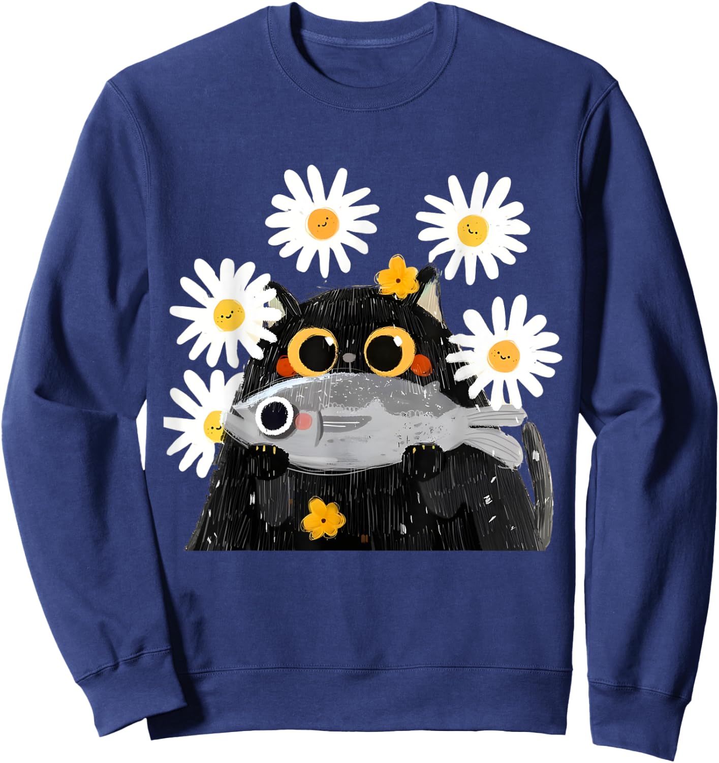 Cute Cat Holding Fish Cat Fish Lover Floral Cat Funny Kitty Sweatshirt - Sweatshirt | Navy