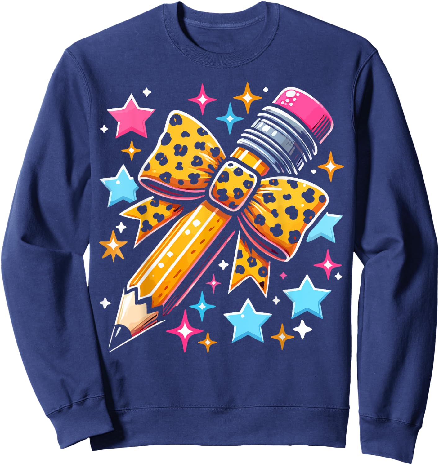 Pencil Leopard Coquette Bow Teacher Life Back To School Sweatshirt - Sweatshirt | Navy
