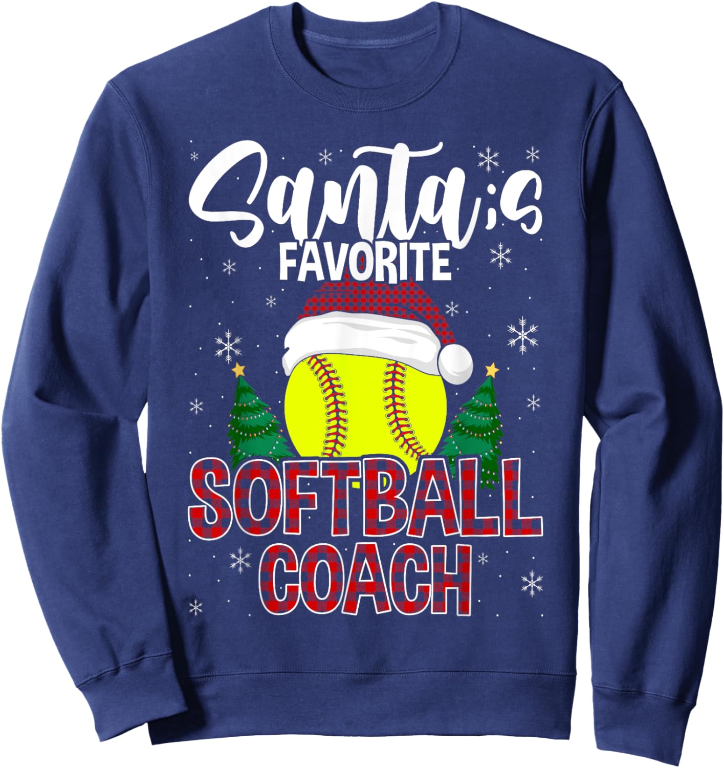 Funny Santa's Favorite Softball Coach Christmas Plaid Xmas Sweatshirt - Sweatshirt | Navy