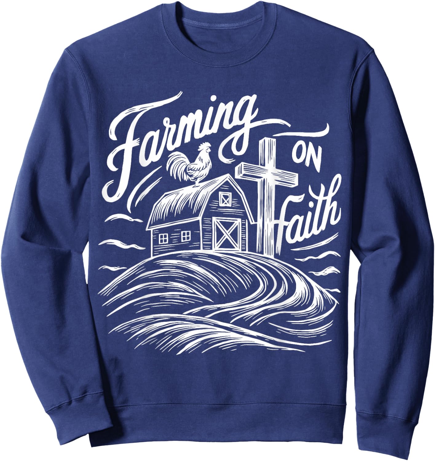 Farming on Faith Barn Cross Christian Farmer Religious Sweatshirt - Sweatshirt | Navy