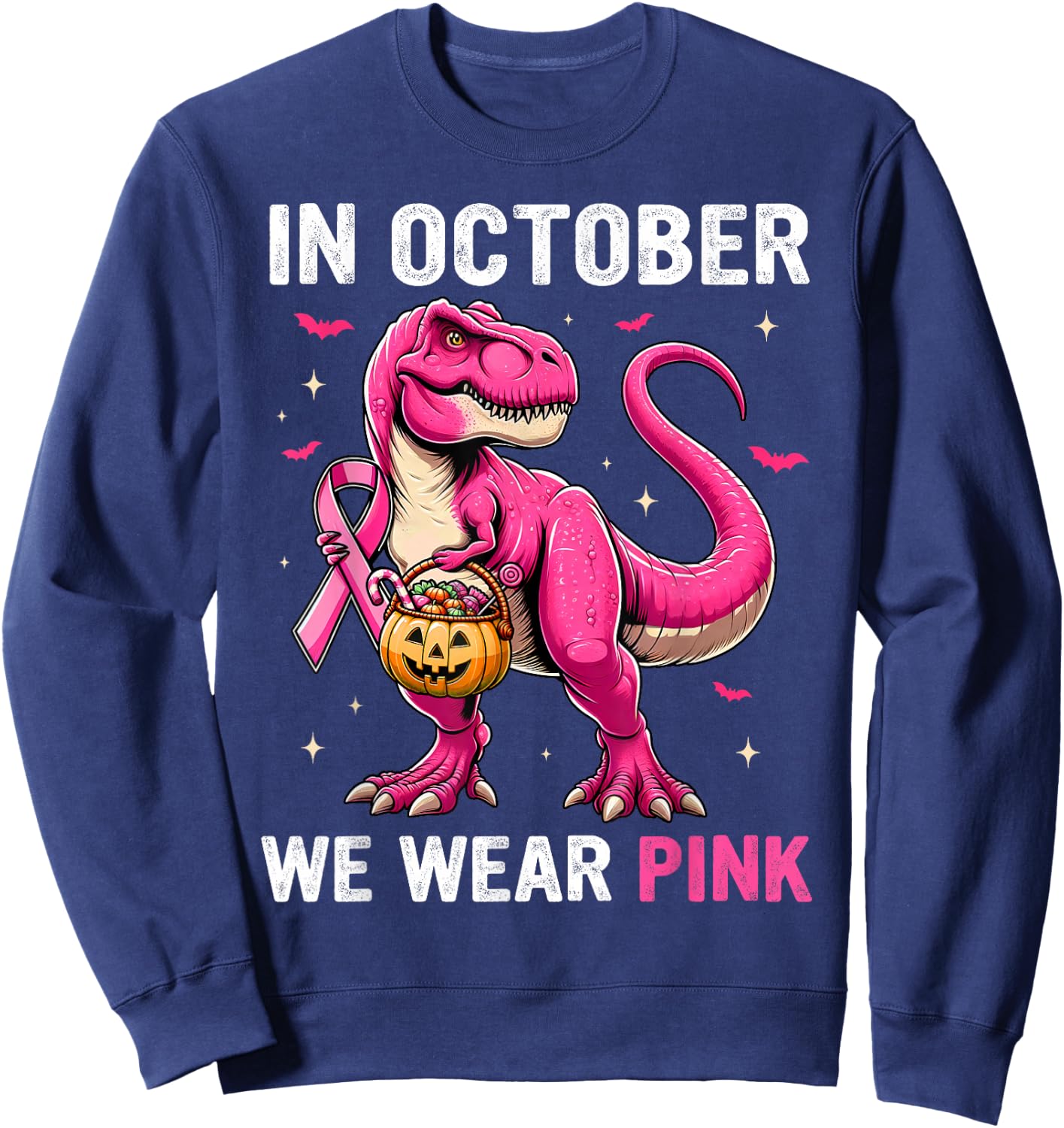 In October We Wear Pink Dinosaur Boys Kids Breast Cancer Sweatshirt - Sweatshirt | Navy