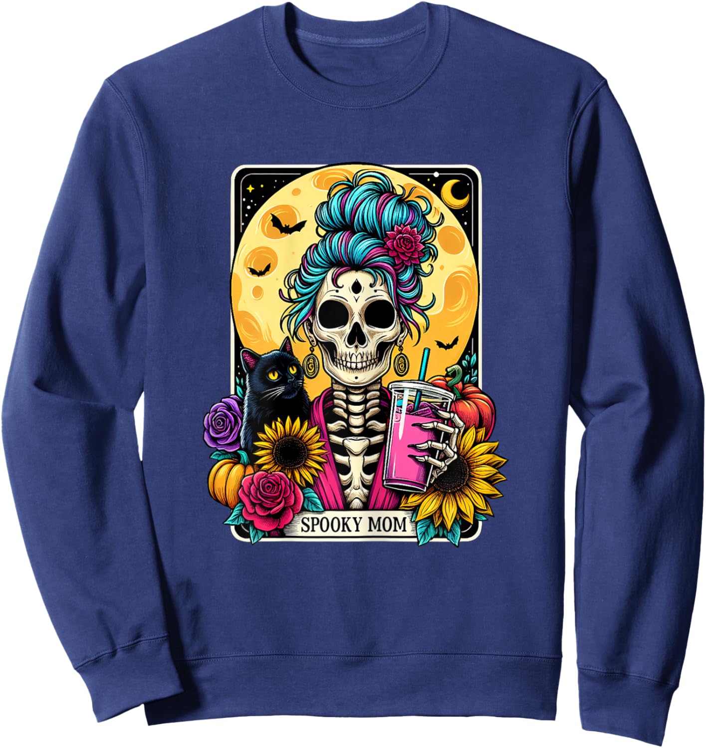 Spooky Mom Tarot Card Halloween Mom Skull Mama Black Cat Sweatshirt - Sweatshirt | Navy