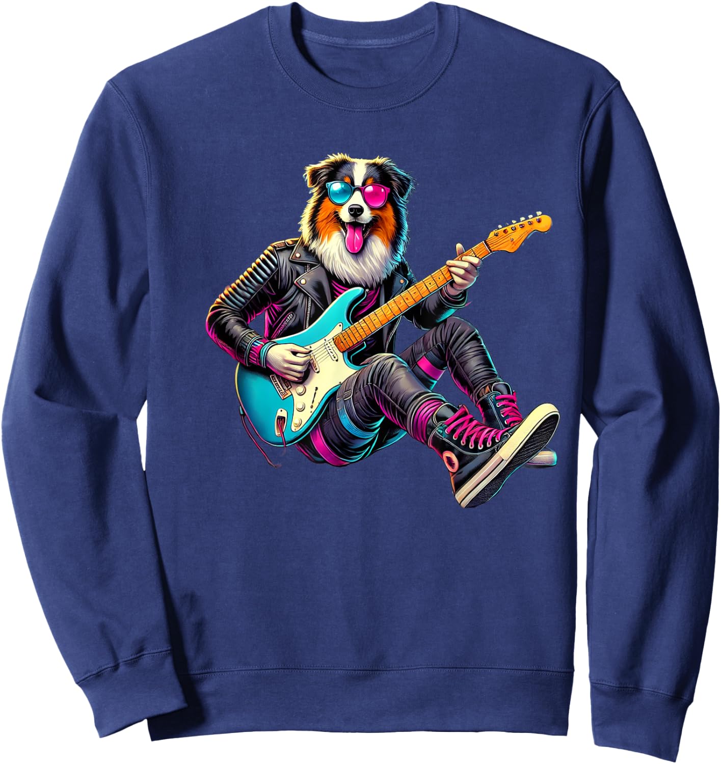 Australian Shepherd Electric Guitar Funny Dog Rock Band Pet Men Women Kids Sweatshirt - Sweatshirt | Navy