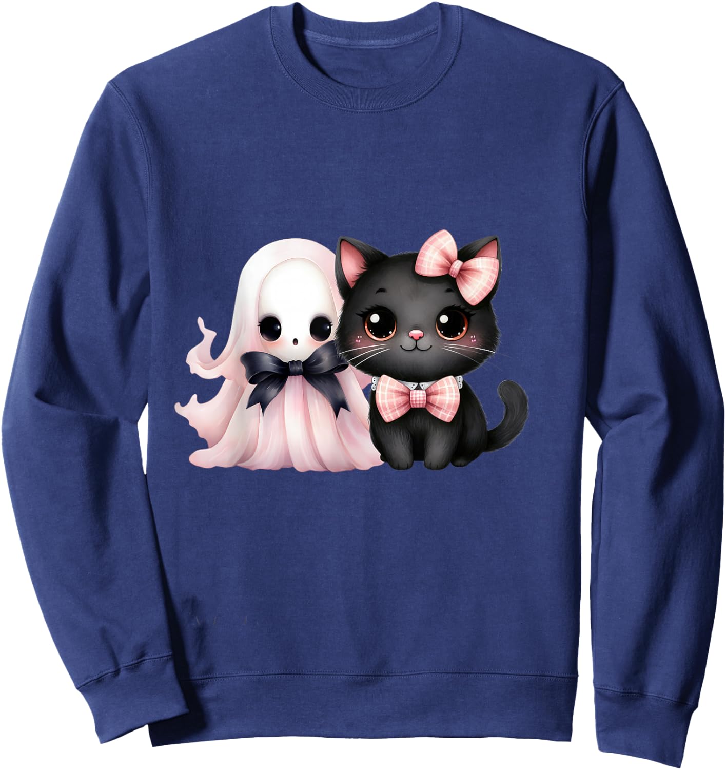 Black Cat Pink Ghost Halloween Pink Bows Coquette Girl Women Sweatshirt - Sweatshirt | Navy