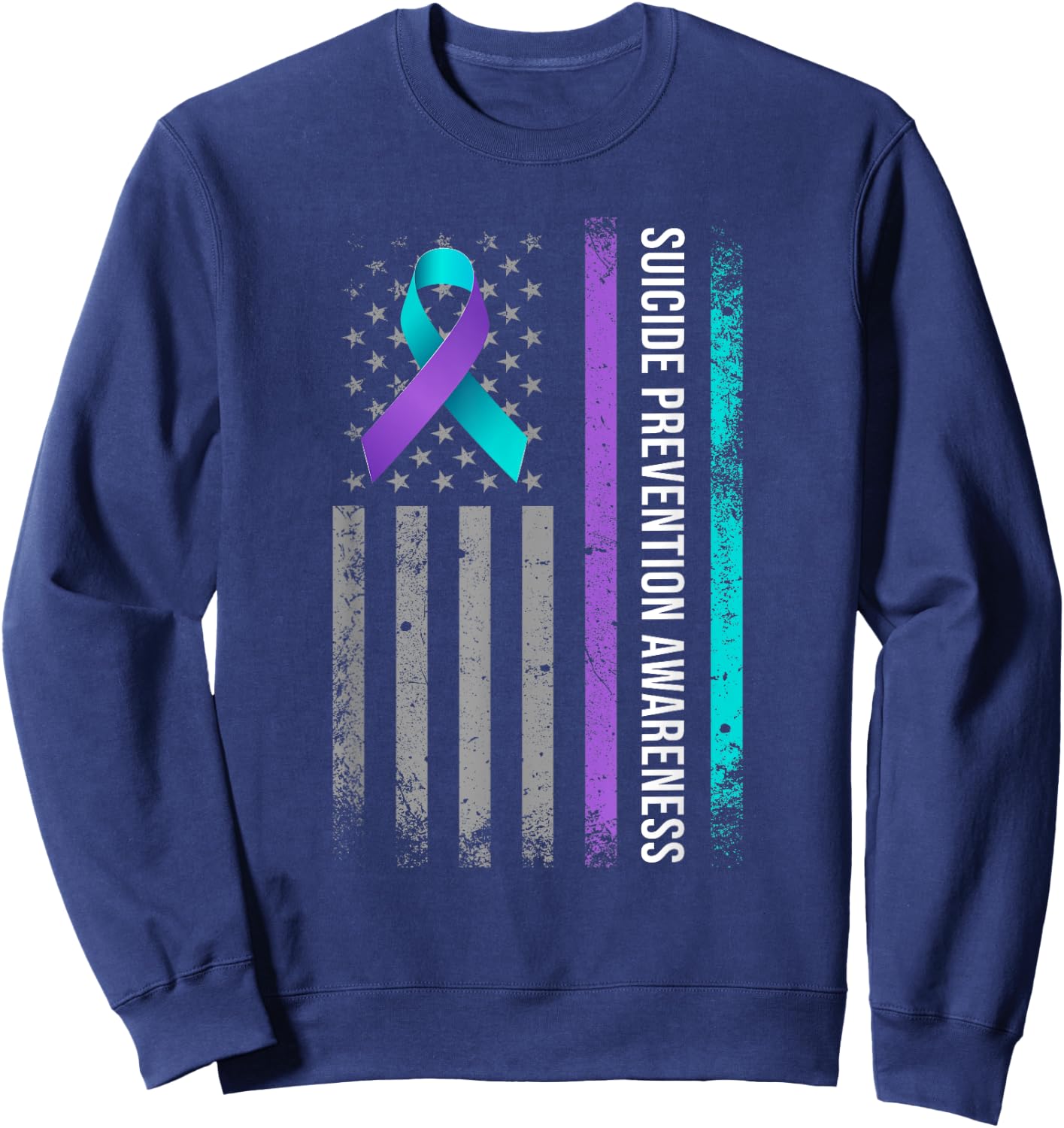 American Flag Suicide Prevention Awareness Teal and Purple Sweatshirt - Sweatshirt | Navy