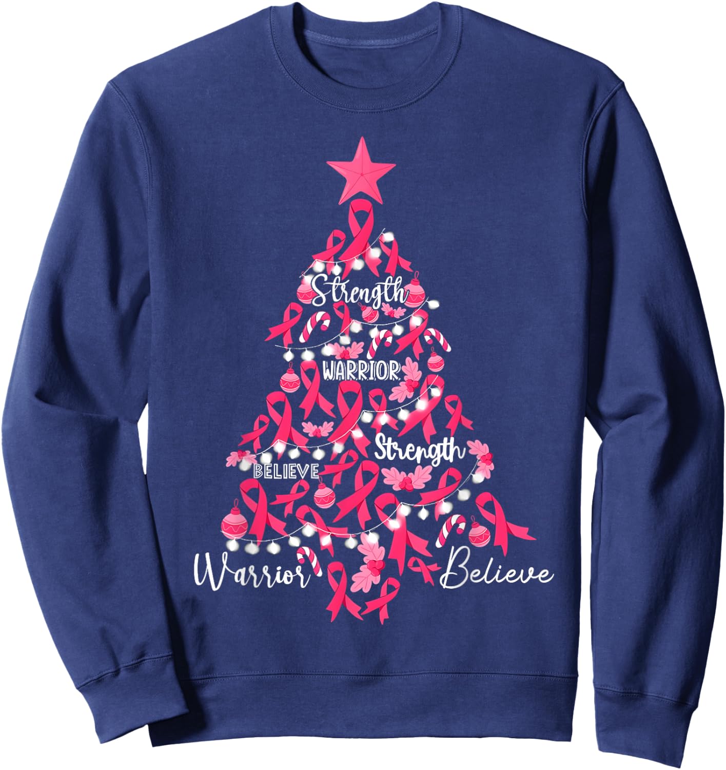 Breast Cancer Christmas Tree Pink Ribbon Fight Awareness Sweatshirt - Sweatshirt | Navy