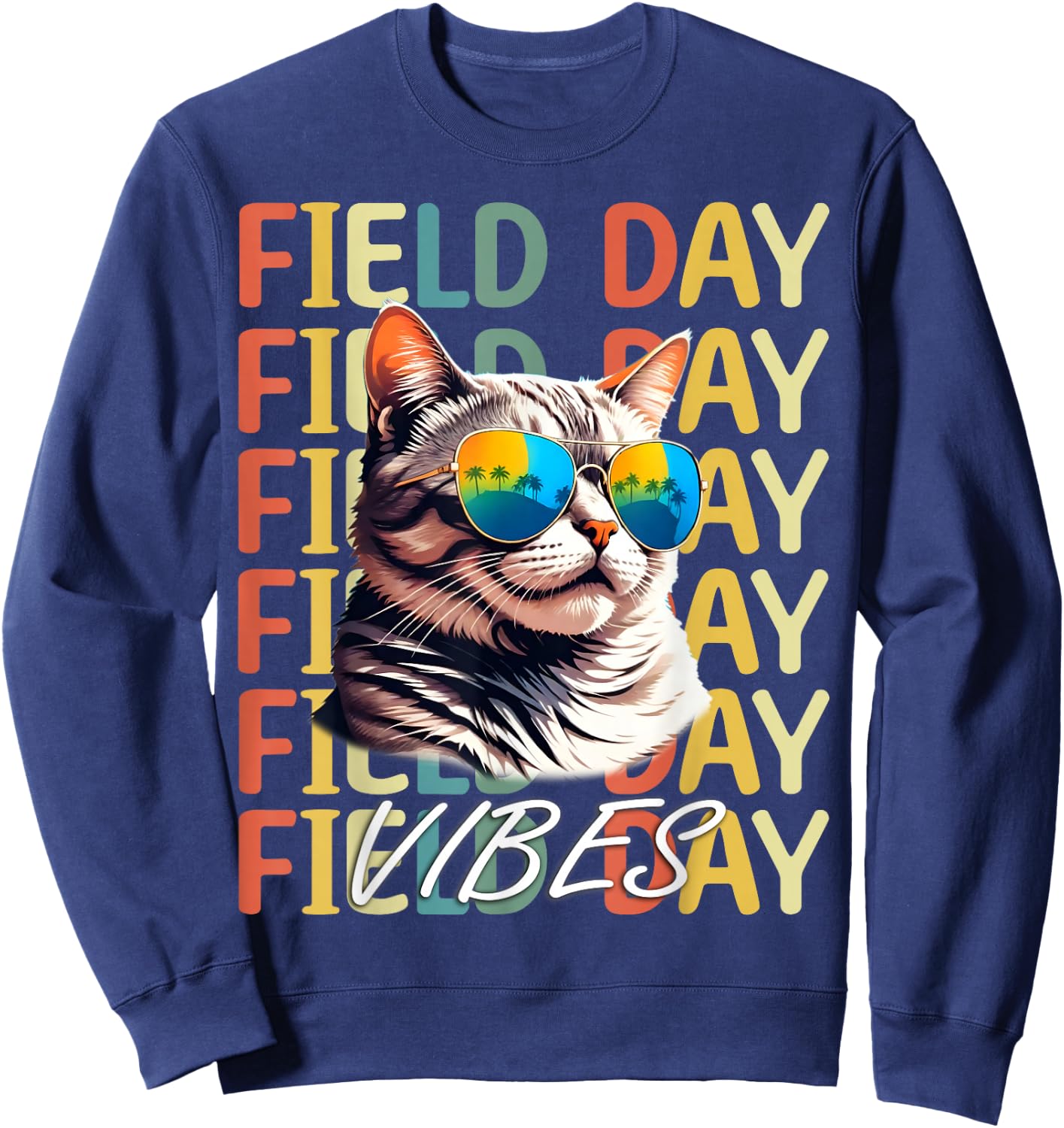 School field day Vibes Summer 2024 Retro Cat Teachers Kids Sweatshirt - Sweatshirt | Navy