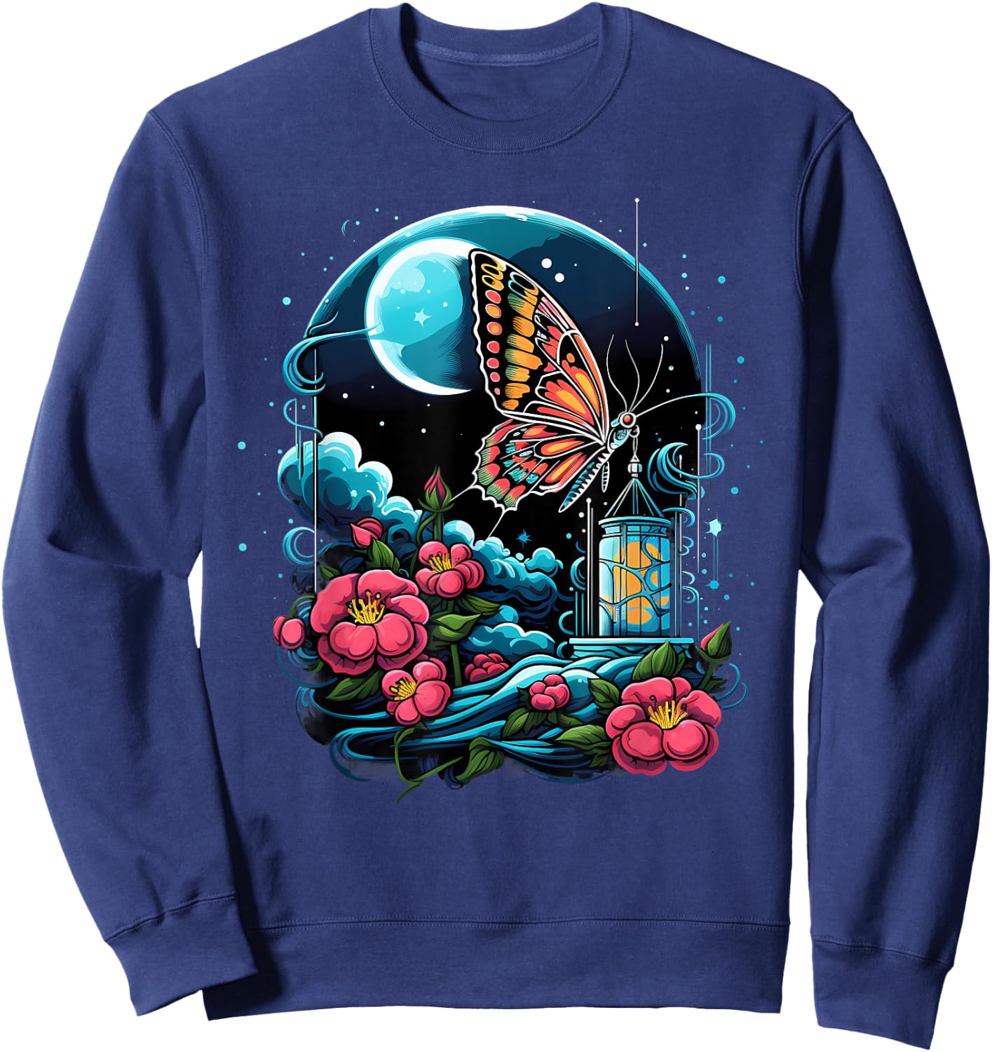 Butterfly Floral Colorful Artwork Moon Nature Animal Lovers Sweatshirt - Sweatshirt | Navy