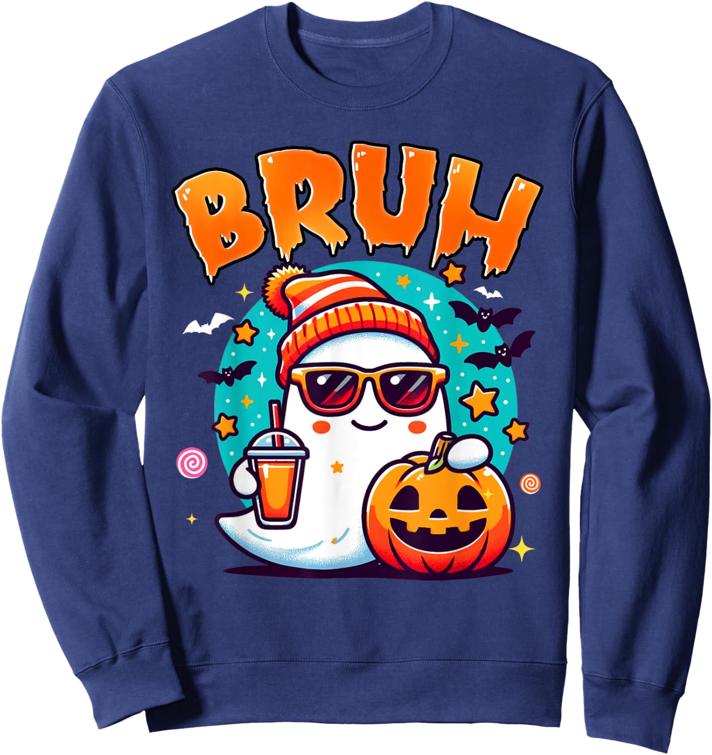 Bruh Ghost Halloween Cute Ghost Trick Or Treat Candy Kids Sweatshirt - Sweatshirt | Navy