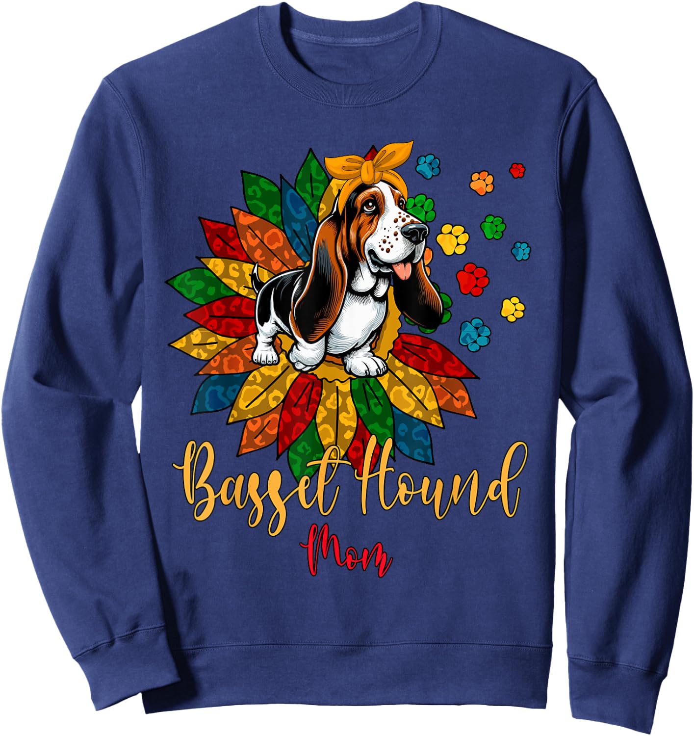 Basset Hound Mom Cute Colorful Leopard Sunflower Dog Paws Women Kids Sweatshirt - Sweatshirt | Navy