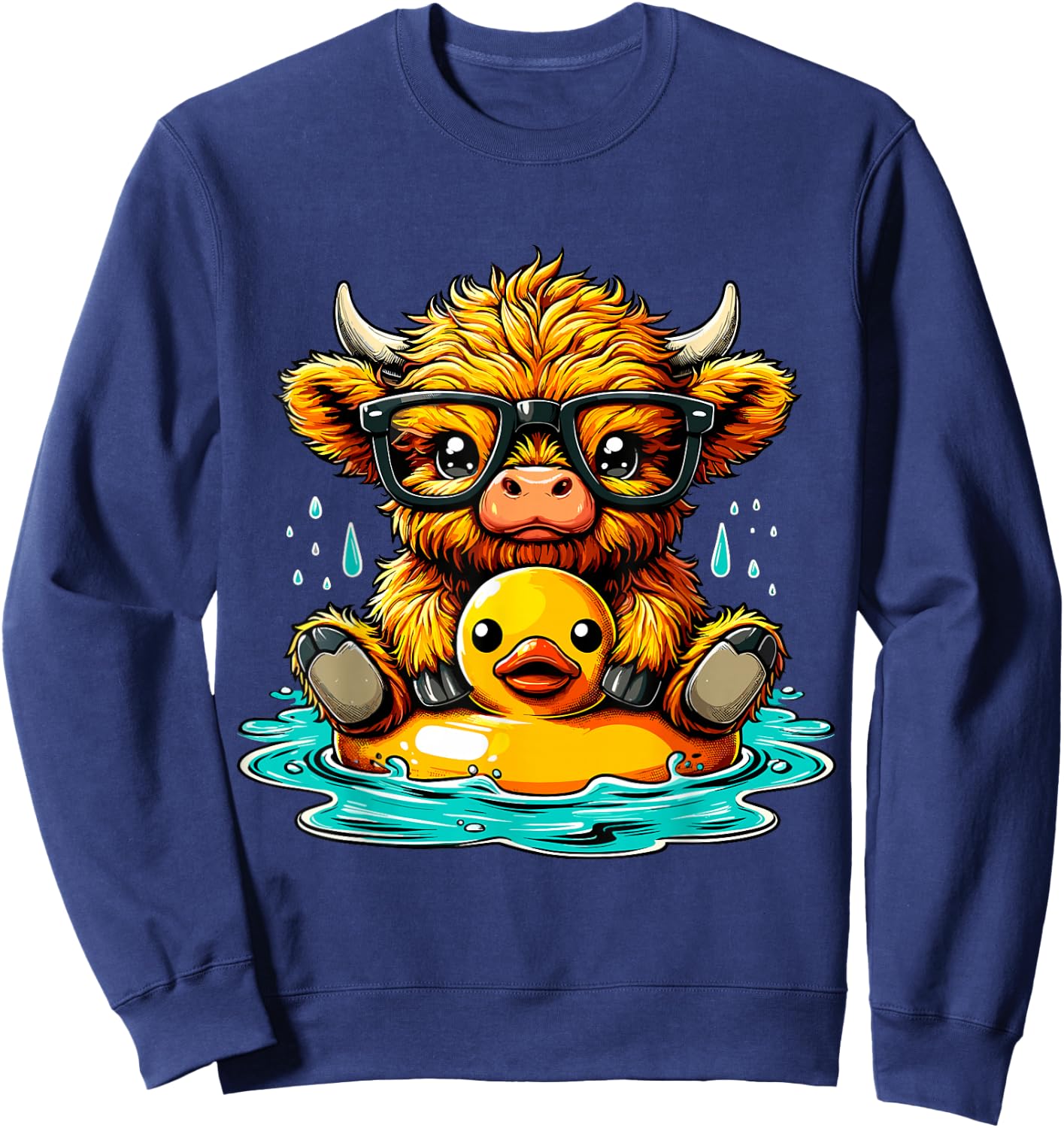 Highland Cow and Rubber Duck Swimming Summer Vacation Sweatshirt - Sweatshirt | Navy