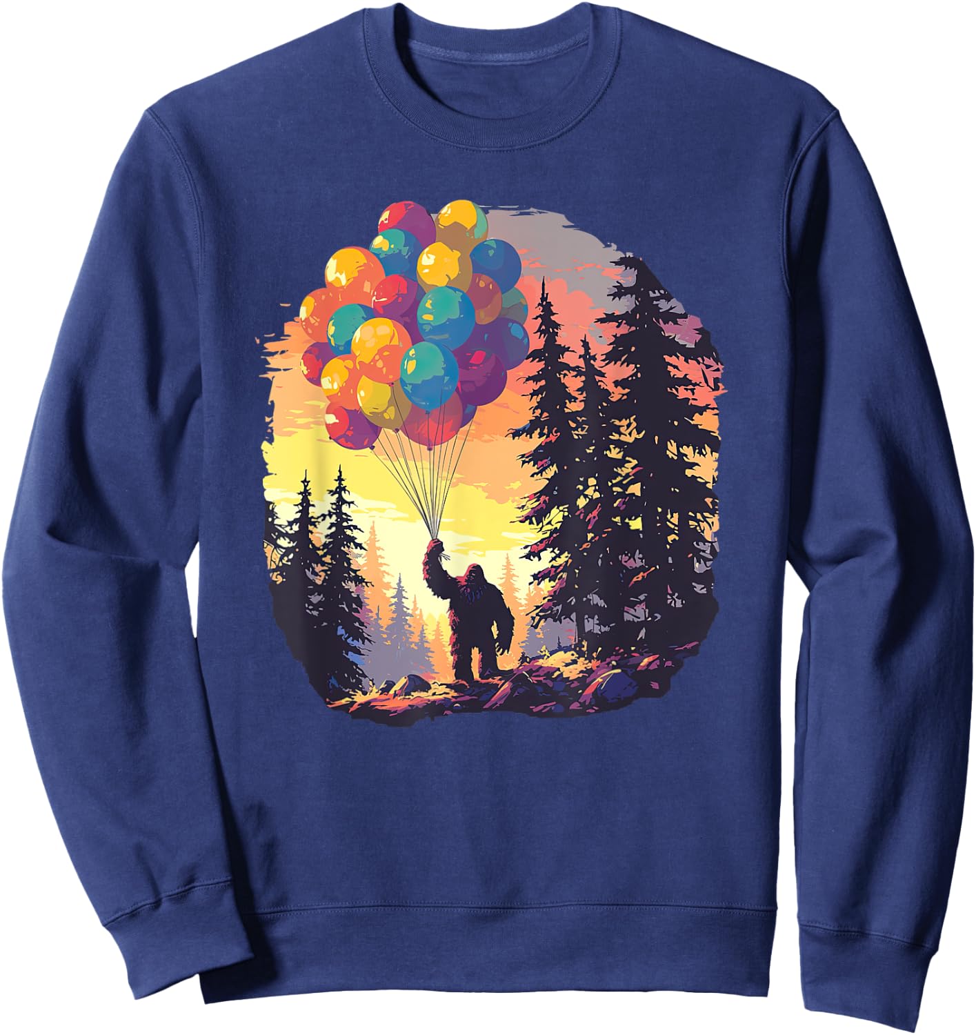 Bigfoot Forest Sunset Birthday Balloons Happy Bday Sasquatch Sweatshirt - Sweatshirt | Navy