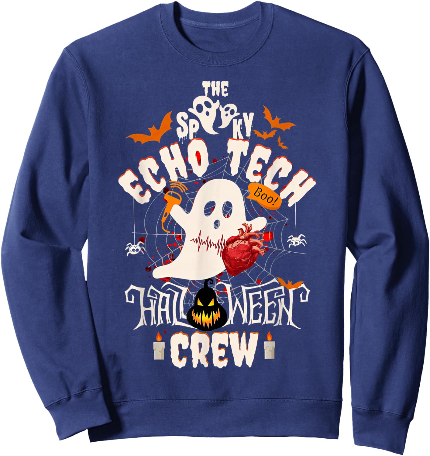 Spooky Echo Tech Halloween Crew Cardiac Sonographer Ghost Sweatshirt - Sweatshirt | Navy