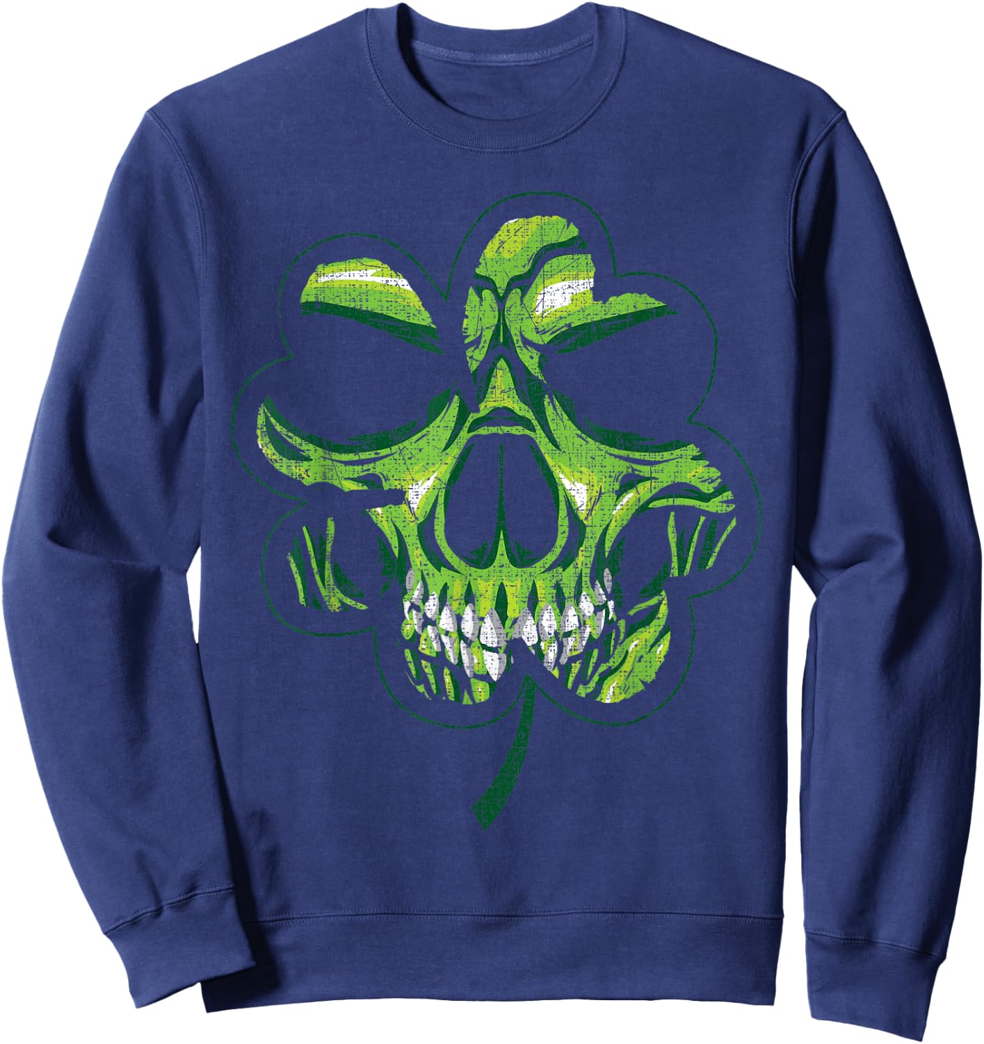 St. Patricks Day Shamrock Distressed Clover Biker Skull Sweatshirt - Sweatshirt | Navy