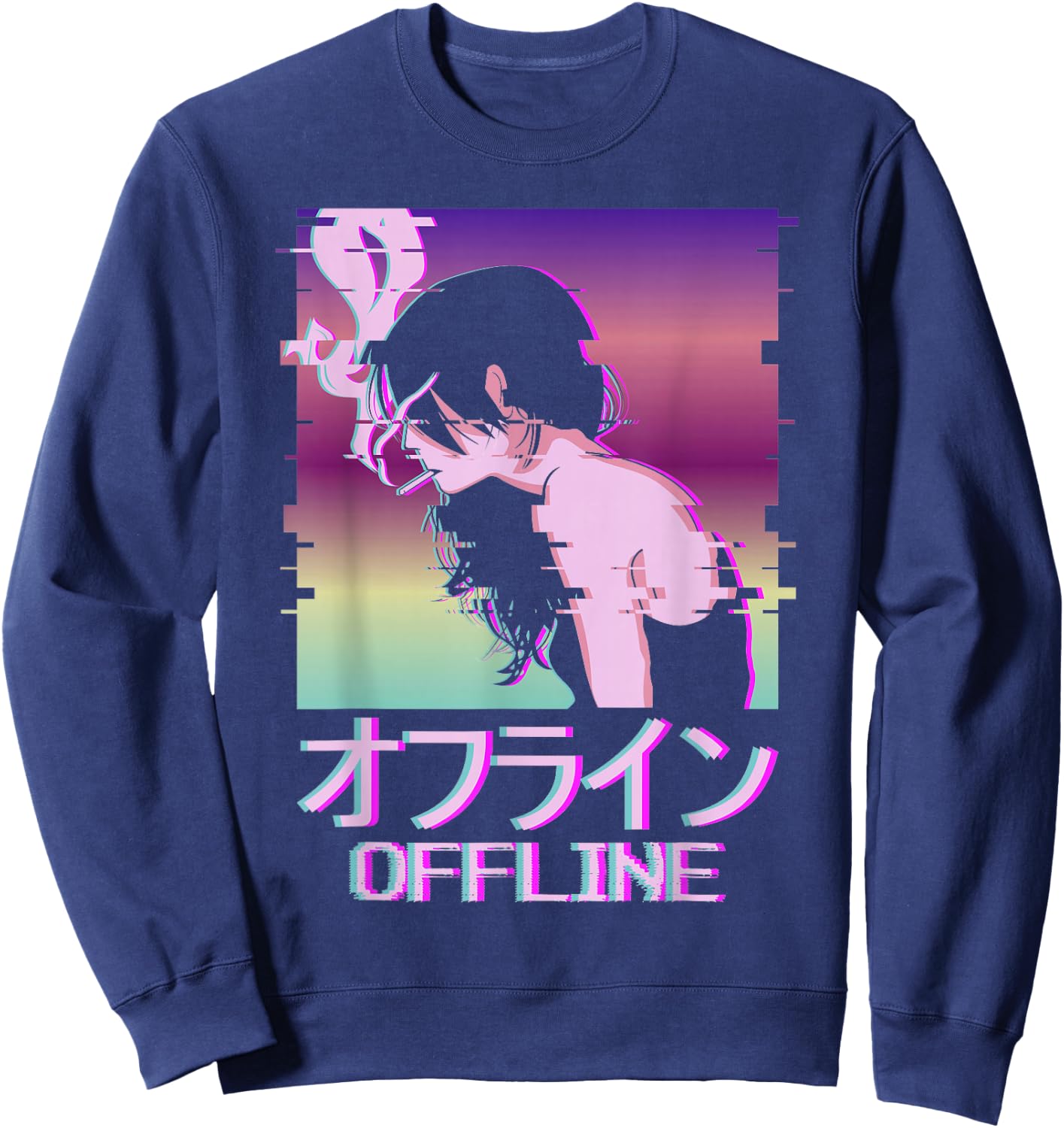 Offline Japanese Vaporwave Alt Indie Aesthetic Anime Girl Sweatshirt - Sweatshirt | Navy