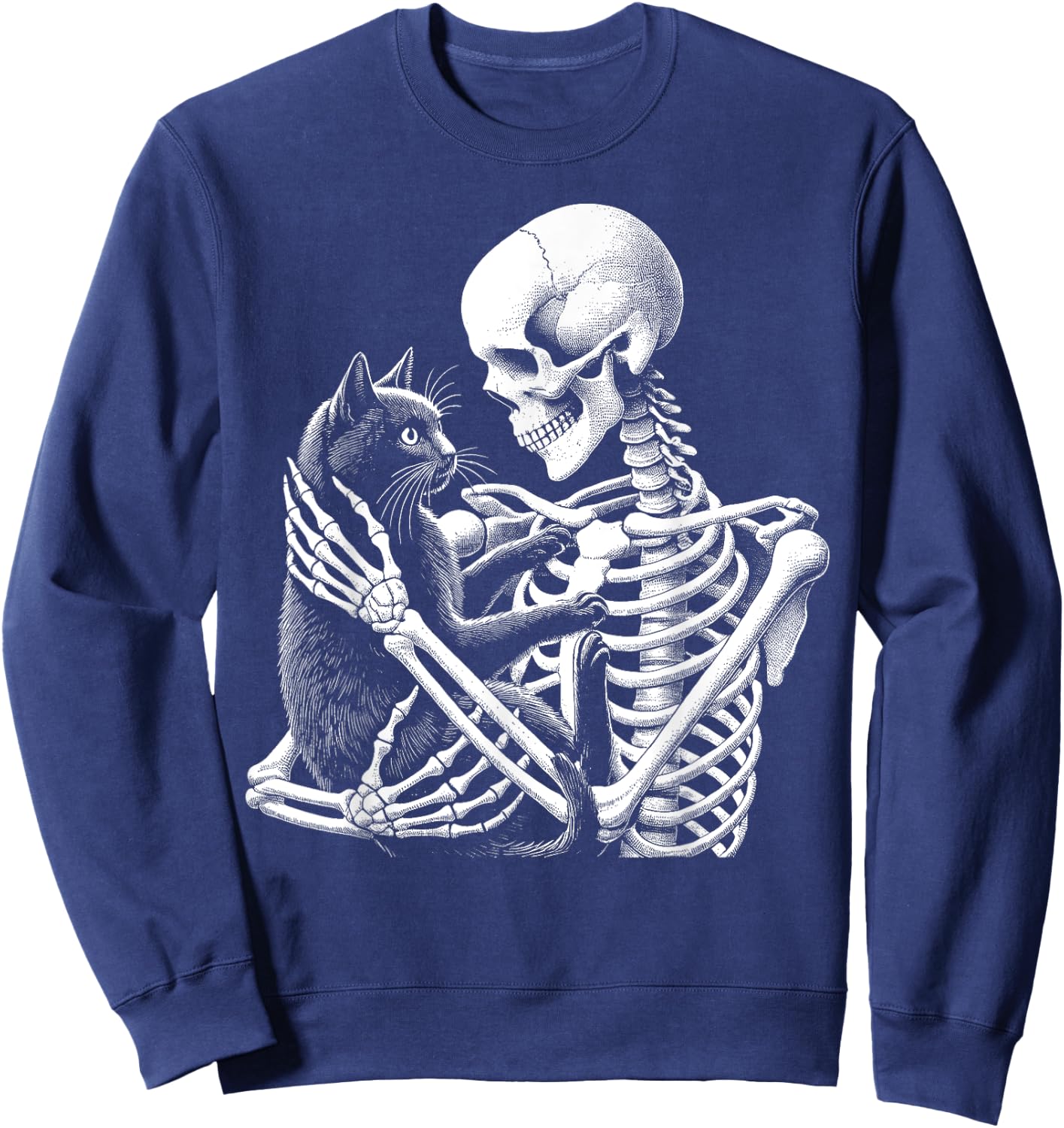 Skeleton Holding A Cat Funny Lazy Halloween Costume Skull Sweatshirt - Sweatshirt | Navy