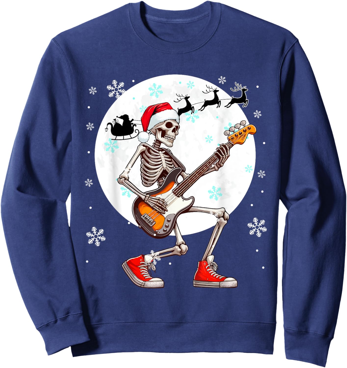 Christmas Santa Skeletons Playing Guitar Bass Guitarist Sweatshirt - Sweatshirt | Navy